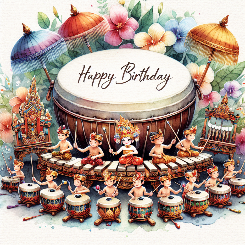 A charming Balinese Birthday Card detailed with a watercolor illustration of a gamelan orchestra with cute, miniature musicians. Delicate floral motifs and traditional Balinese umbrellas frame the card, and the 'Happy Birthday' message sits gracefully atop a vibrant drum.
Generated with these themes: Balinese Birthday Cards.
Made with ❤️ by AI.