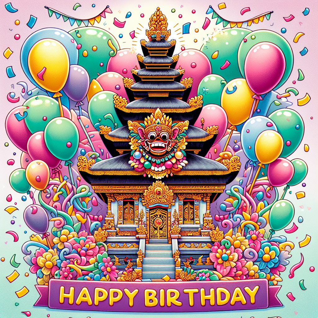 A cheerful Balinese Birthday Card showcasing a playful illustration of a traditional Balinese temple surrounded by colorful balloons and confetti. The intricate temple design is softened with pastel hues, and a cute, animated Barong dance character is smiling next to the text 'Happy Birthday' written in a whimsical font.
Generated with these themes: Balinese Birthday Cards.
Made with ❤️ by AI.