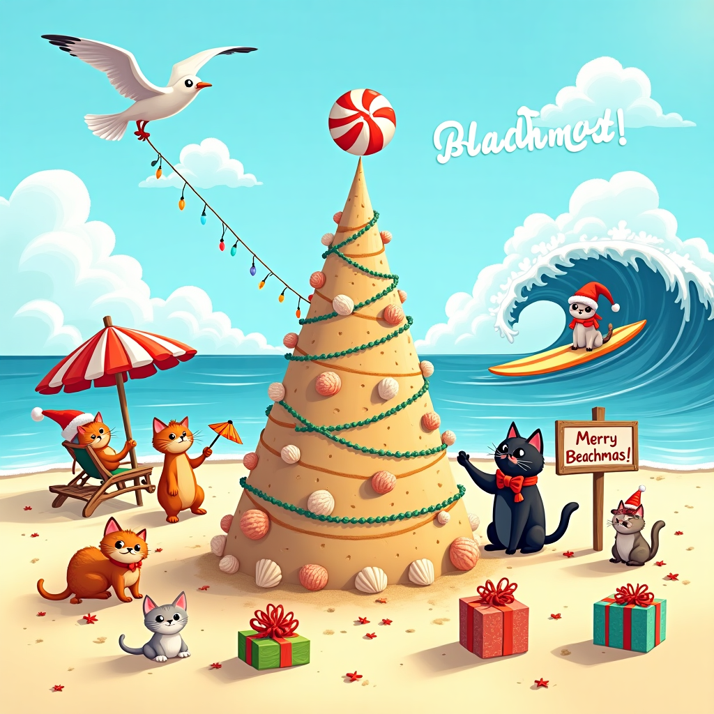 On a sun-drenched, whimsical beach, a gathering of mischievous cartoon cats has transformed the sandy shoreline into a festive Christmas wonderland. At the center of the scene, a tall, wobbly sandcastle in the shape of a Christmas tree stands, adorned with seashells, starfish, and strings of seaweed resembling tinsel. Perched at the top is a bright red beach ball with white stripes, mimicking a Christmas bauble. Nearby, a ginger tabby cat wearing a Santa hat attempts to hang a string of twinkling fairy lights around the castle, while another, a sleek black cat with a little bow tie, playfully swats at a seagull hovering above.

To the left, a group of kittens is engaged in building a snowcat — made entirely of sand, of course — with a carrot-like driftwood nose and clamshell eyes, complete with a jaunty red ribbon scarf flapping in the gentle breeze. A calico cat lounges on a deck chair under a candy-striped umbrella, sipping on a coconut drink with a tiny paper parasol.

Across the sky, the fluffy clouds have artfully arranged themselves to spell out "Ellie" in a playful script, as if a nod from the universe to the recipient. In the background, a wave rolls ashore, bringing with it a surfboard decorated like a giant candy cane, with another cat riding the wave, wearing sunglasses and a Christmas sweater. The scene is rounded out with a signpost sticking out of the sand, which reads "Merry Beachmas!" in colorful, hand-painted letters, its base surrounded by gifts wrapped in bright paper with starfish bows.
Generated with these themes: Cats on the beach.
Made with ❤️ by AI.