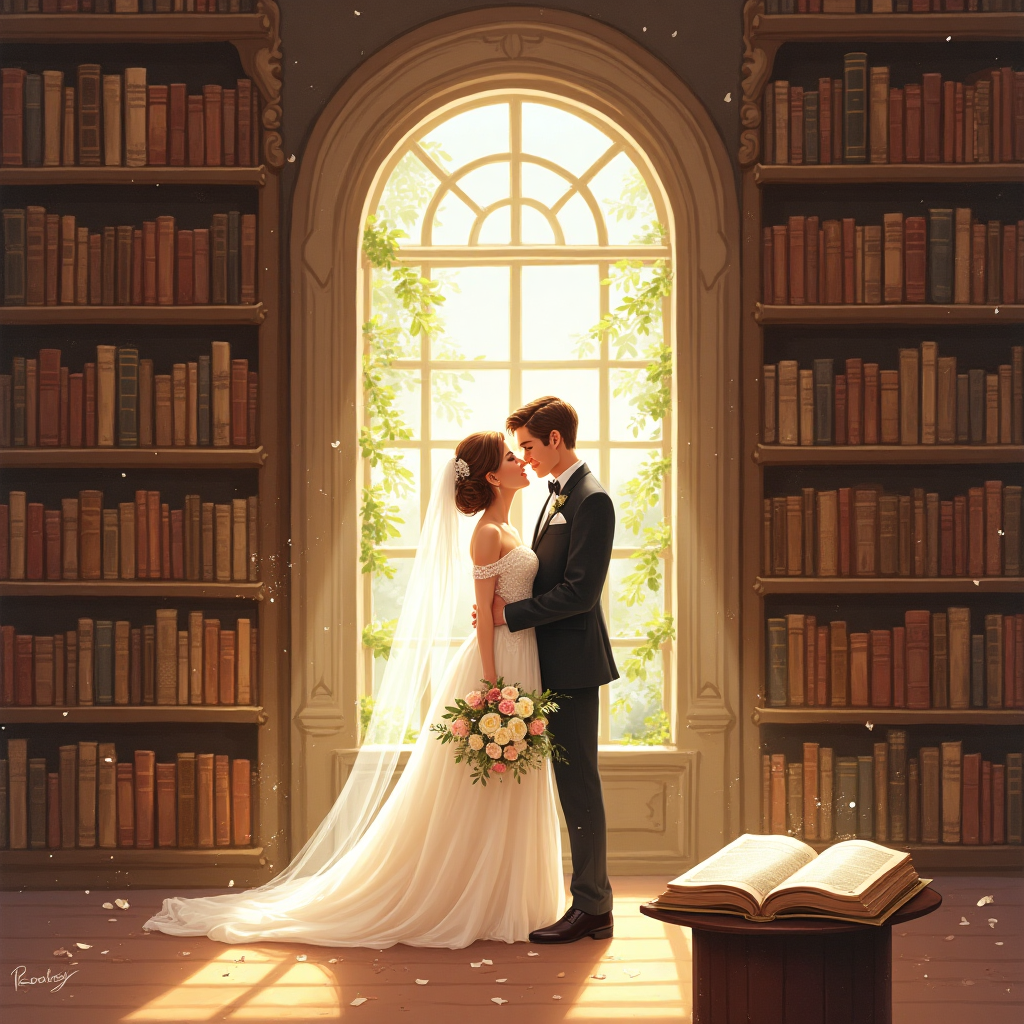 At the top of the Illustration Style image, in elegant script, write: **Congratulations**

Image Description: A romantic scene unfolds within the warm embrace of a library-like setting, where vintage leather-bound books create a charming backdrop for a wedding celebration. Shelves filled with these treasured tomes form gentle arches above, echoing the arches often seen in wedding ceremonies. In the center, a beautifully dressed couple shares a tender moment, their attire reflecting the elegance of a bygone era. 

The bride's gown is adorned with delicate lace, and she holds a bouquet of ivory and blush roses, while the groom wears a classic suit with a vintage touch, a pocket watch peeking from his vest. Sunlight filters through an ornate window, casting a golden glow over the scene, and dust particles dance gently in the air, adding a sense of timelessness. 

In the foreground, a small open book rests on a pedestal, its pages fluttering slightly, as if whispering the tales of love from its past. The warm, expressive color palette of soft browns, golds, and blush pinks enhances the romantic mood of the scene, inviting the viewer to celebrate the timeless love story unfolding amidst the wisdom of the ages.
Generated with these themes: Vintage leather bound books, and .
Made with ❤️ by AI.