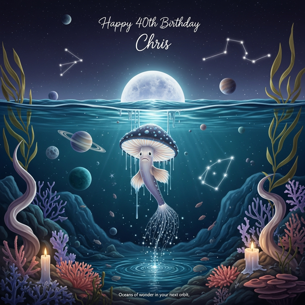 At the top of the Surreal Style image, Happy 40th Birthday Chris

Dreamlike surrealism, Dali-inspired: a tall, full-bleed nocturnal seascape where ocean and cosmos melt into one. Centerpiece: a gentle, bioluminescent mushroom-fish gliding upward—its rounded toadstool cap forms the fish’s body, speckled with soft glowing dots; the underside gills radiate light like delicate ribs; fins unfurl as feathery mycelium fronds; a tail of filament-thin spores trails into drifting starlight. The water folds like silk, coral shapes soften and ooze into flowing forms, and ribboned kelp curls like candle-wax, all bathed in ethereal, moon-silver beams.

Above and within the water, an oversized pearly moon drips liquid light into the sea; planets float like shimmering soap-bubble orbs at different scales; constellations glitter as if suspended plankton. Edges melt and warp, with reflections of stars and planets wavering on the glassy surface. Subtle constellation hints shape a gentle “40” motif among the stars. Atmosphere: sincere, calm wonder; a quiet celebration of growth and orbit.

Color palette: deep indigo and teal, moonlit silver, with tender accents of lavender and coral-pink. Soft haze, volumetric rays, dust-mote sparkle, painterly detail, high resolution. No borders or watermarks. Vertical composition with generous breathing room around the focal subject.

Top text styling: hand-lettered in moonlit silver, softly glowing and elegant, floating among tiny stars without overpowering the scene.

Small caption at the bottom in a tiny luminous script (one line): Oceans of wonder in your next orbit.
Generated with these themes: Fish like a mushroom in the ocean with moon stars and planets, and .
Made with ❤️ by AI.