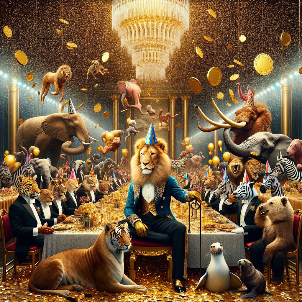 Money, Lion with a party hat, Circus animals, Gold coins, and Birthday party Birthday Card