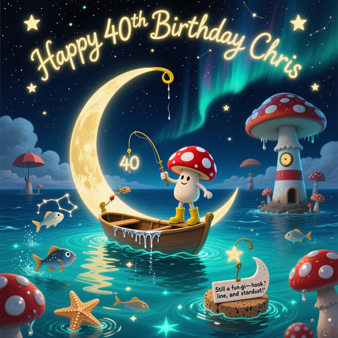 Mushrooms, fishing, stars, moon, ocean, and Birthday Card