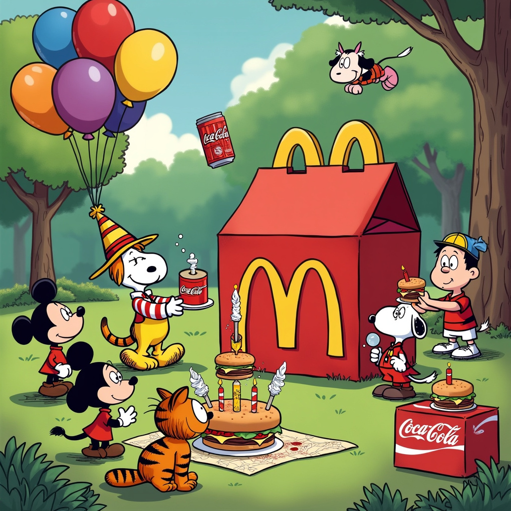 Imagine a whimsical park setting on a sunny birthday afternoon, where quirky characters are gathered for a hilarious celebration. At the heart of the scene is a large, cartoonish McDonald's Happy Meal box acting as a stage, adorned with brightly colored balloons tied to its golden arches. Ronald McDonald himself, in his iconic yellow jumpsuit and red striped sleeves, is holding a huge birthday cake shaped like a Coca-Cola bottle, with fizzy bubbles coming out as if it’s just been popped open.

To the left, Snoopy from Peanuts is wearing a tiny McDonald's employee hat and serving burgers to a line of delighted cartoon characters, including Mickey Mouse and Astro Boy. Each burger is humorously oversized, dripping with cartoonishly exaggerated cheese and lettuce. Calvin from Calvin and Hobbes is seen mischievously trying to launch a rocket made out of a Coca-Cola can, with Hobbes watching skeptically.

On the right side of the scene, Tintin is using a magnifying glass to inspect a treasure map printed on a McDonald's napkin, while Snowy, his dog, is licking a spilled milkshake off the ground. Nearby, Garfield lounges lazily on a large Coca-Cola crate, holding a burger in one paw and a Coca-Cola in the other, clearly enjoying the feast.

In the background, you see The Far Side’s cows wearing McDonald’s uniforms and cooking on a grill, their expressive eyes wide with surprise as they flip burger patties. Little Nemo, in his pajamas, floats dreamily above the scene, clutching a bunch of Coca-Cola balloons that lift him gently into the sky.

The vibrant colors, playful characters, and the blend of iconic themes all come together to create a delightful, laughter-filled birthday scene that's perfect for a greeting card.
Generated with these themes: Coca Cola, and McDonald’s.
Made with ❤️ by AI.
