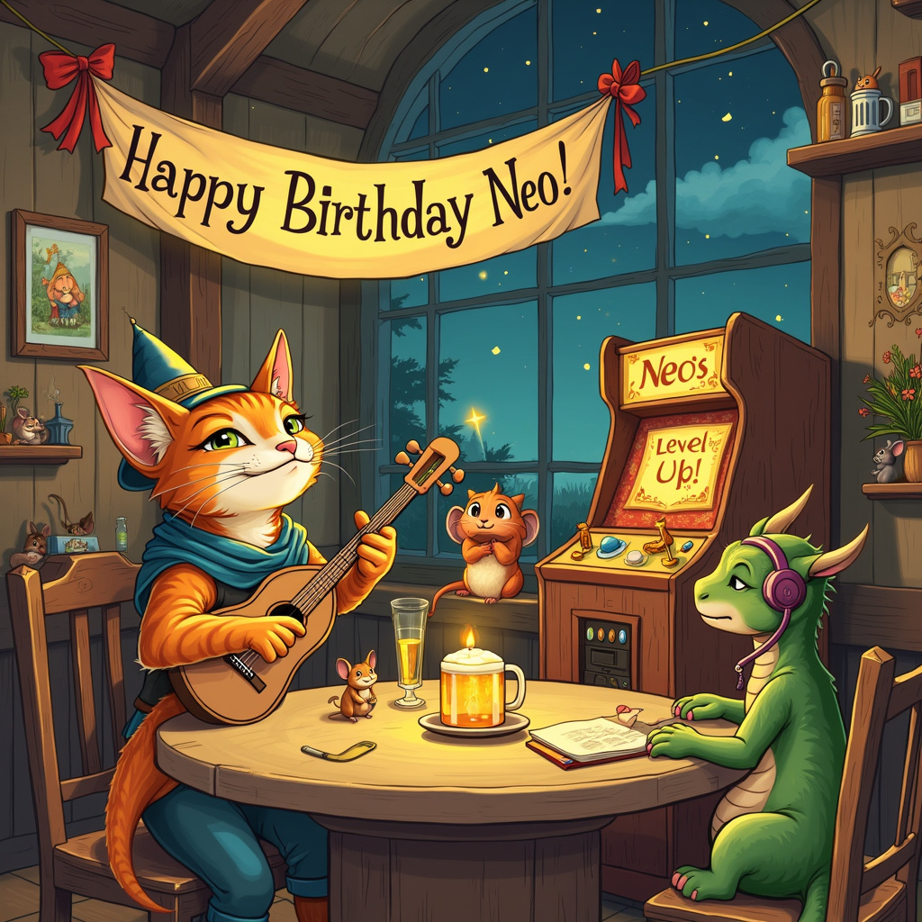 The birthday card illustration bursts with whimsical charm and vibrant activity, blending the themes of singing and gaming into a fantastical tableau. Picture a lively medieval-style tavern, reminiscent of a Norman Rockwell gathering, with a touch of Beatrix Potter’s anthropomorphic charm. 

In the foreground, a group of jovial characters are gathered around a grand, circular table. At the head of the table sits a jubilant anthropomorphic cat, wearing a bard’s hat adorned with a feather, strumming a lute while leading a merry birthday song. To the cat’s right, a small dragon wearing a headset is intensely focused on a vintage arcade game machine, titled “Neo's Adventure” in glowing, pixelated letters. The machine itself is decorated with illustrations that combine Arthur Rackham’s intricate details with the playful energy of Maurice Sendak’s characters.

Hanging above this lively group is a large banner that reads "Happy Birthday Neo!" in a mix of Quentin Blake’s playful lettering and Maxfield Parrish’s dreamy colors, tied to the rafters with decorative ribbons. 

The background showcases a rustic wooden wall, festooned with Edward Gorey-inspired shadowy framed portraits of past adventurers. Shelves are cluttered with curious items: a potion bottle labeled "Level Up!", a spell book open to a page showing musical notes springing to life, and a bouquet of wildflowers peeking out from a stein.

Adding to the whimsical atmosphere, several mice, dressed in tiny medieval garb, are peeking out from behind a corner, seemingly waiting for their turn to join the song. Above, through the tavern’s open window, a glimpse of a serene, starry night sky is visible, with Neo's name subtly written among the stars in Gustave Doré's celestial style, twinkling gently in the night.

The illustration is bustling with delightful details, merging the worlds of singing and gaming into an enchanting birthday celebration that prominently features the recipient’s name, Neo, in both grand and subtle ways.
Generated with these themes: Singing, and Gaming.
Made with ❤️ by AI.