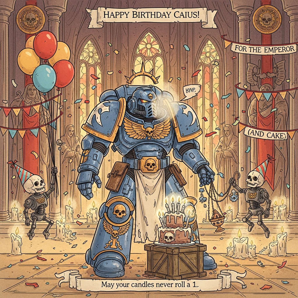 At the top of the Illustration Style image, "Happy Birthday Caius!"

Warhammer 40k-inspired, funny, hand-drawn illustration: In a vast, gothic starship hall lit by warm candlelight, a towering blue-and-gold Space Marine in ornate, battle-worn power armor stands center stage, comically trying to blow out a wobbly stack of candles on a tiny skull-and-aquila-decorated birthday cake perched on an ammo crate. His helmet is on, so the breath just fogs the visor while the candles stubbornly flicker. Two cheerful servo-skulls hover nearby: one clutching a bunch of balloon strings, the other lighting/incensing the cake with a tiny censer; both wear ridiculous little party hats. Purity seals and parchment ribbons flutter from pauldrons and pillars; grim statues are draped with bright bunting that reads “FOR THE EMPEROR (AND CAKE).” Confetti shaped like aquilas and cogs drifts through the air. In the background, stained-glass arches glow with warm ambers and reds, hinting at the Emperor’s visage approving this very sanctioned celebration. Emphasize playful, family-friendly humor; no violence, no gore.

Style notes: Hand-drawn illustration with fine, expressive linework; textured brush strokes; balanced composition with the Space Marine central and party details framing him; warm, expressive color palette of golden ambers, parchment creams, rich ultramarines, and celebratory reds; soft paper grain and gentle vignette; candlelight glow and subtle rim lighting on armor for depth. Portrait orientation.

At the bottom on a parchment purity-seal ribbon, add a small handwritten caption: “May your candles never roll a 1.”
Generated with these themes: Warhammer 40k, and .
Made with ❤️ by AI.