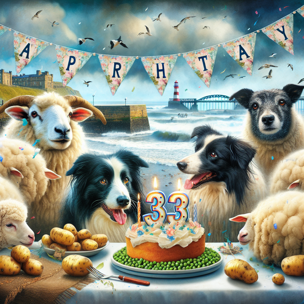 Black & white cat, sheep, border collie, potatoes and peas, tynemouth seaside, “33“ Birthday Card