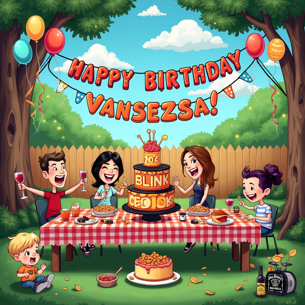 In the scene, imagine a colorful and whimsical backyard birthday party set in a lush, green garden with a bright blue sky dotted with fluffy white clouds. A large, festive banner stretched between two trees reads "Happy Birthday Vanessa!" in playful, cartoonish letters. Underneath the banner is a long picnic table covered with a vibrant, checkered tablecloth, overflowing with various foods: a towering birthday cake shaped like a stack of vinyl records, with "Blink 182" emblazoned in icing on each layer, bowls of crisps in the shape of musical notes, and a big platter of mini Jack Daniels bottle-shaped cookies.

Seated around the table are cartoon versions of reality TV stars, each character easily recognizable by their exaggerated features and quirky outfits. One holds a large glass of red wine while another is making a comical face as they try to catch a runaway crisp. On one side of the table, there's a caricature of the family’s one-year-old son, wearing a tiny Blink 182 t-shirt and a party hat, joyfully smashing his hands into a mini cake shaped like a TV screen showing a reality show.

In the background, a small stage is set up where cartoon versions of the Blink 182 band members are playing an energetic set. The bass drum of the band kit features Vanessa's name written in bold letters. Balloons of various shapes, including bottles of Jack Daniels and glasses of wine, float around the stage.

The backdrop features a wooden fence decorated with strings of twinkling fairy lights and garlands made from crispy chip bags. Off to one side, a whimsical, slightly tipsy wine bottle character and a grinning Jack Daniels bottle, each with arms and legs, are dancing together in a silly manner, adding to the overall festive chaos.

In the sky above, clouds spell out "Vanessa" in a dreamy, drifting font, ensuring her name is a constant highlight in this vibrant and hilarious birthday scene.
Generated with these themes: Crisps, Food, Cakes, Blink 182, Jack Daniels, Wine, Reality TV, and Our one year old son.
Made with ❤️ by AI.