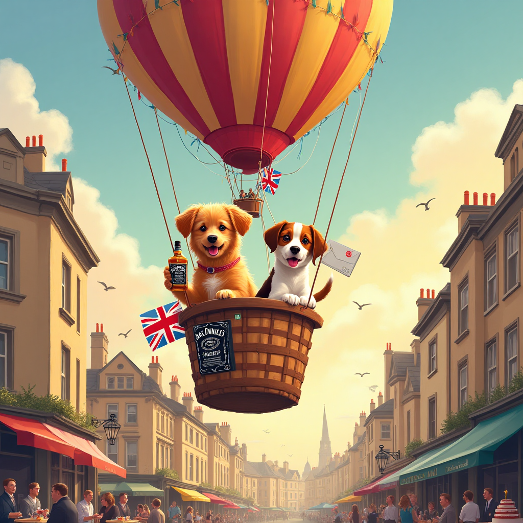 At the top of the Illustration Style image, the text reads: **Happy Birthday Dog**.

Imagine a whimsical scene set in the charming city of Bath, with its iconic architecture as a backdrop. In the foreground, two adorable dogs, a Golden Retriever and a Beagle, sit inside a vibrant hot air balloon. They are soaring gently through the air, with their tails wagging in excitement. 

The balloon basket is decorated with colorful bunting and a small Union Jack flag fluttering in the breeze. One of the dogs is holding a tiny bottle of Jack Daniels whiskey in its mouth, while the other has a playful, mischievous look, clutching a letter from the Royal Mail, its seal visible.

Below, the city's picturesque streets are bustling with people enjoying the local cuisine at outdoor cafes. A few tables are adorned with birthday cakes, adding to the celebratory mood. The sky is painted in warm hues of sunset, with fluffy clouds and birds lazily flying by, creating a romantic, dreamy atmosphere.

Add a playful touch with a handwritten caption near the balloon: "High-flying Birthday Wishes!"
Generated with these themes: 2 dogs , Hot air balloon , Jack Daniels whiskey , Royal mail, Food, Bath city, and .
Made with ❤️ by AI.