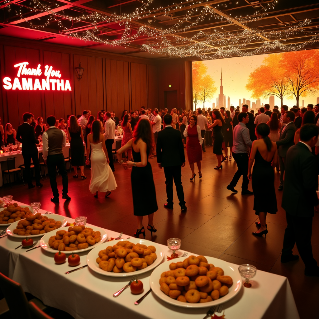 Crowd high-energy dancing on dance floor in semi-formal attire in large elegant windowless wooden room with strand lights, New York Marquee, Fall trees in New York, Musical notes, Enormous white ceramic oval-shaped platters of fried shrimp, and Rectangular Dining tables Thank-you Card