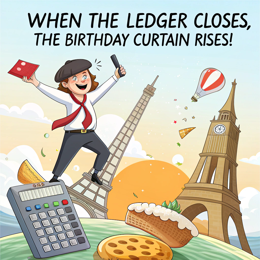 At the top of the image, "When the ledger closes, the birthday curtain rises!"

- In the center of the illustration, depict a cheerful cartoon accountant wearing a classic beret, striking a dramatic Shakespearean pose on top of a giant calculator shaped like the Eiffel Tower.  
- One arm clutches a passport overflowing with travel stamps (including France, London, and a sunny beach destination), and the other holds a golden croissant like a microphone.  
- In the background, famous landmarks like Big Ben, the Arc de Triomphe, and a sun-soaked beach fade into view with jet trails connecting them like a graph line on a stock chart.  
- Euro notes, pound coins, and airline tickets flutter in the air like confetti.  
- A spotlight shines down, giving it the flair of a theatrical birthday performance — with dramatic, comedic flair.

At the bottom of the image, "Auditing life one adventure at a time — now take a bow and blow out those candles!"
Generated with these themes: Accountant having a birthday likes acting, France, travelling, london, money.
Made with ❤️ by AI.