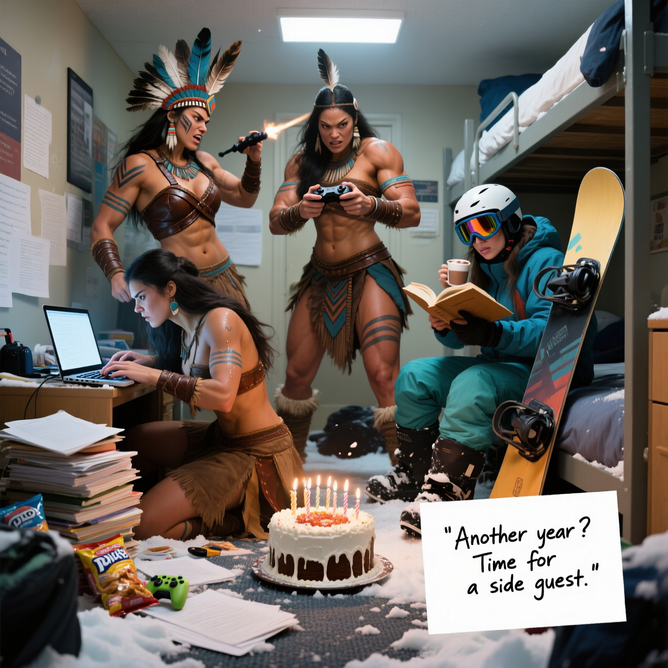 Here’s the prompt for your funny, photorealistic birthday card image:  

---

**Image Prompt:**  
Ultra-high-definition 4K UHD photorealistic scene, shot from a DSLR with shallow depth of field and perfect natural lighting. An absurdly epic moment: three towering, muscular Amazonian women in traditional warrior attire (feathered headpieces, leather straps, tribal paint) crammed into a tiny university dorm room, one is furiously typing on a laptop surrounded by stacks of overdue uni work, another is holding a gaming controller mid-battle with a fierce expression, and the third is wearing full snowboarding gear — goggles, helmet, snowboard tucked under her arm — sipping hot chocolate while trying to read a textbook upside-down. The room is hilariously cluttered with gaming snacks, half-written essays, and snow melting onto the carpet. A birthday cake sits in the middle of the chaos with candles lit, slightly melting from the snowboarder’s wet gear.  

**Text overlay (small, bottom right, handwritten-style font):**  
*"Another year? Time for a side quest."*  

---

Do you want me to also give you **three alternative cheeky captions** you could swap in for variety? That could make it extra fun for a greetings card series.
Generated with these themes: Amazonian women, Uni work, Gaming, Snowboarding, and .
Made with ❤️ by AI.