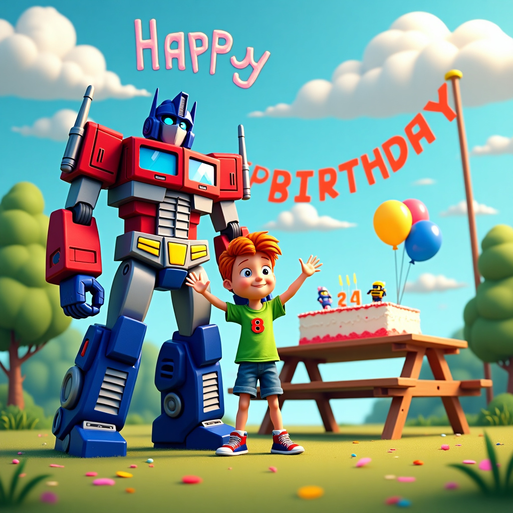 Red haired boy with Optimus Prime Birthday Card