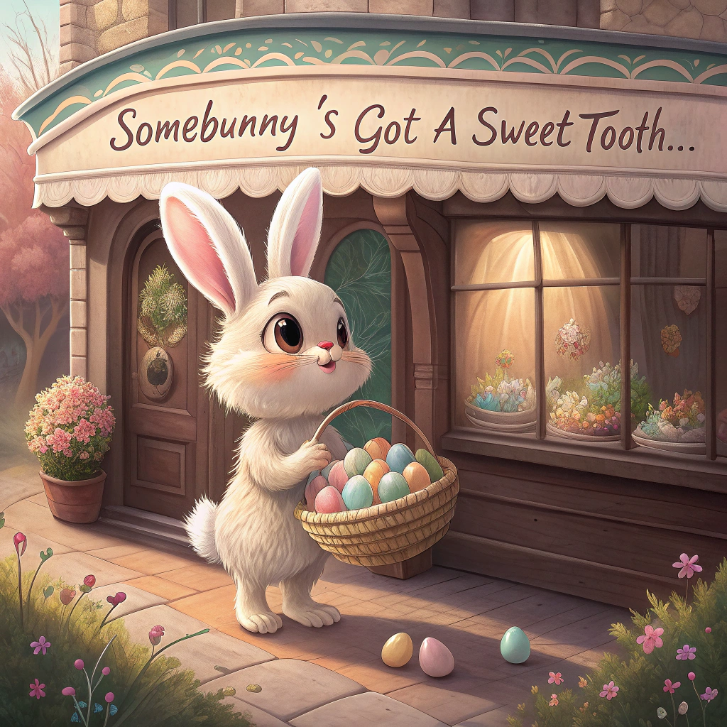 At the top of the image, "Somebunny’s got a sweet tooth..."

- In the center of the realistic photograph-style image, depict an adorable Easter bunny with oversized, glistening eyes and soft, fluffy fur. The bunny is standing upright on its hind legs, clutching a woven basket filled with colorful pastel eggs, small spring flowers, and a tiny carrot poking out.

- The bunny is gazing longingly into the large display window of an old-fashioned chocolate shop. The shopfront is charming and vintage, with a weathered wooden sign above the window that reads "Happy Easter" in hand-painted cursive.

- Behind the glass, rows of exquisitely wrapped Easter eggs in shiny foil and whimsical chocolate bunnies of all sizes sit on tiered trays. There’s also a little bunny-sized door at the side of the shop to add to the enchantment.

- Warm spring sunlight casts a golden hue over the cobblestone street and tiny tulips growing along the base of the shop.

- The entire scene should radiate coziness and charm, with a sprinkle of nostalgia, perfect for the soft, cheerful mood of Easter.
Generated with these themes: Cute Easter bunny with big cute eyes, Old fashioned style chocolate shop full of Easter eggs, Easter bunny carrying a basket and looking in the window of the chocolate shop, and Happy Easter written on the shop.
Made with ❤️ by AI.