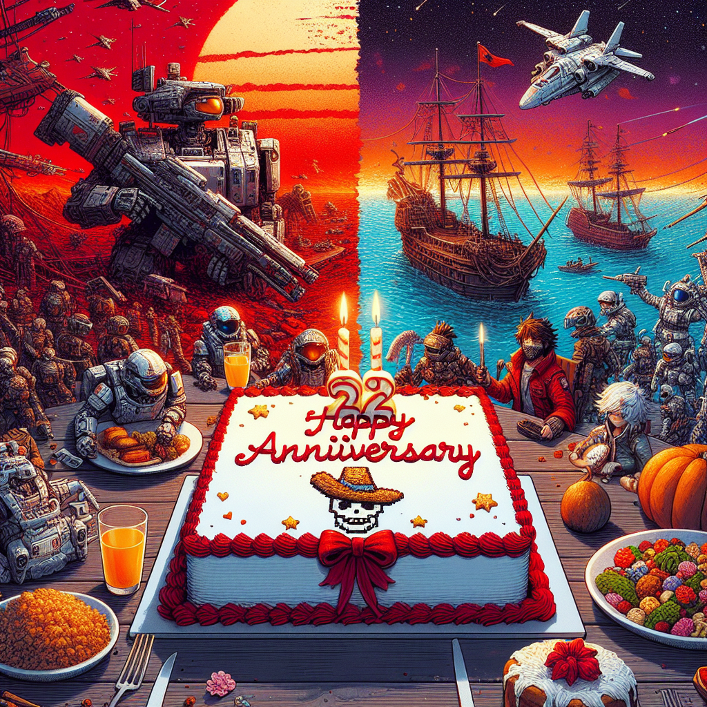 The illustration presents an anniversary celebration set in the context of a rough and ready universe, reminiscent of popular science fantasy miniatures, side by side with a vibrant, pirate-filled sea, akin to popular manga. In the middle of the scene, there is a cozy dinner setting under a red twilight sky, complete with a variety of mouthwatering food. A miniature toy of a futuristic soldier stands proudly beside a frosted cake emblazoned with a straw hat symbol, symbolizing a peaceful coalescence of the couple's cherished franchises during their romantic celebration.
Generated with these themes: Warhammer, one piece, red, food.
Made with ❤️ by AI.