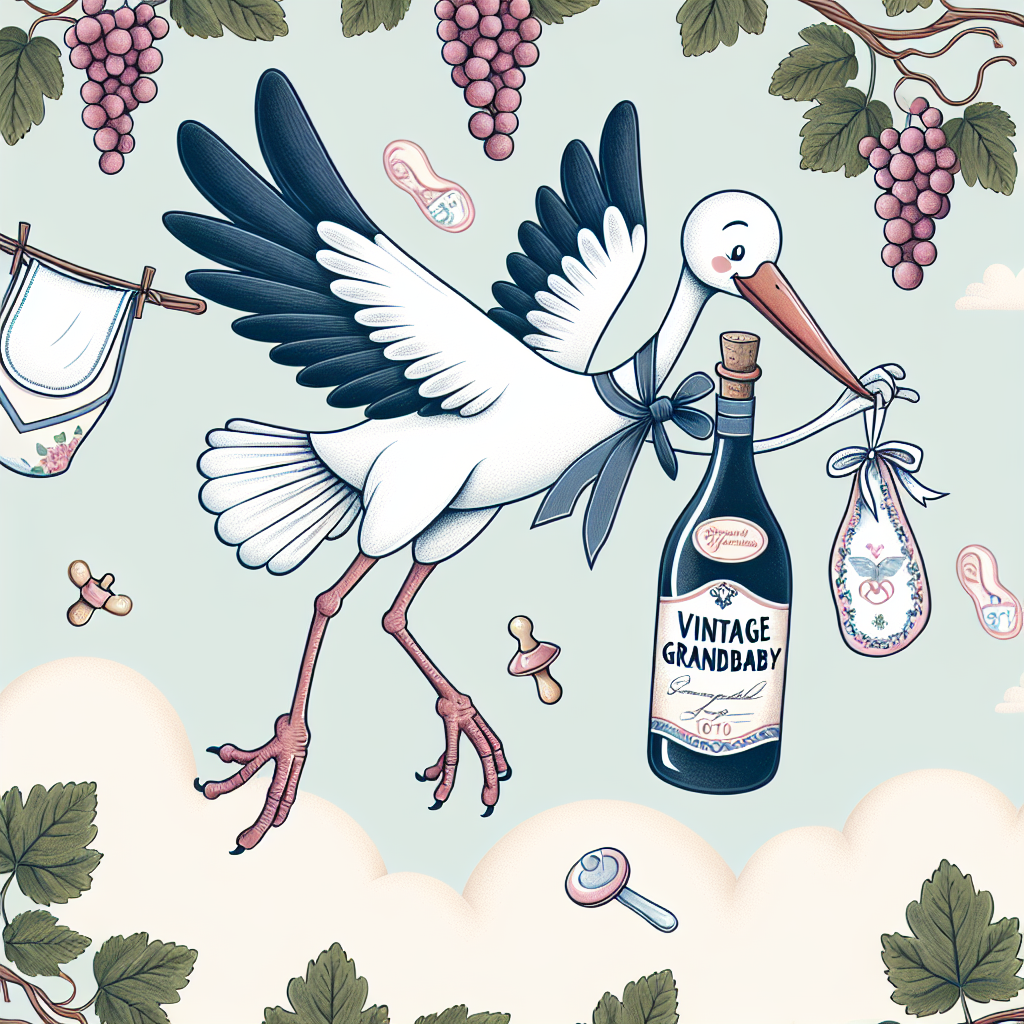 Generate a whimsical illustration depicting a stork dressed as a sommelier, gently carrying a delicate bottle marked 'Vintage Grandbaby.' The stork gracefully flies above a vineyard, though instead of grapes, baby accessories such as bibs and pacifiers hang from the vines. The scene gives a subtle nod to the joy of having new grandchildren.
Generated with these themes: Wine, and Grandchildren.
Made with ❤️ by AI.