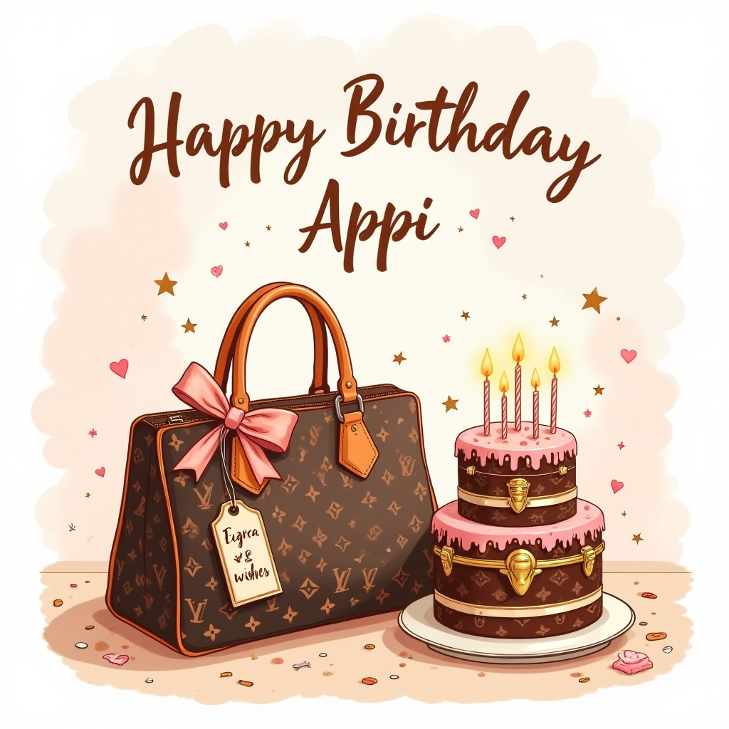 At the top of the Illustration Style image, “Happy Birthday Appi” in elegant hand-lettered script with a soft faux-gold shimmer, gently arcing over the scene.

Hand-drawn, cute, and cozy illustration with fine linework and textured brush strokes, a warm expressive palette of blush pinks, caramel browns, cream, and soft champagne gold. Center stage: a chic Louis Vuitton handbag in classic brown with the iconic LV monogram and floral motifs, a silky blush ribbon bow tied to the handle, and a tiny gift tag. Beside it, a tiered Louis Vuitton cake: fondant in chocolate and caramel tones with the LV monogram pattern, dainty gold trunk-style corner details, and slim birthday candles with twinkly golden flames. Sprinkle in confetti, heart doodles, and starry sparkles around them for a cute celebratory feel. Soft watercolor paper texture in the background with a blush-to-cream wash and a gentle vignette; subtle shadows on a light tabletop for balance. Small extra text on the dangling gift tag, handwritten and playful: “Bag-loads of wishes!”
Generated with these themes: Louis Vuitton bag , Louis Vuitton cake, and .
Made with ❤️ by AI.