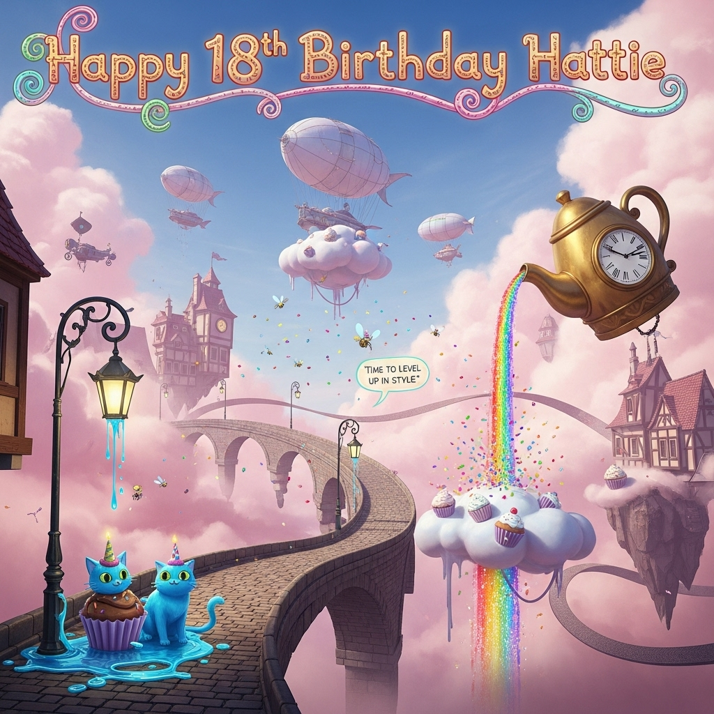 At the top of the Surreal Style image, in whimsical swirling arcane lettering made of glowing candy-runes: **Happy 18th Birthday Hattie**  

A dreamlike, surreal Arcane: League of Legends-inspired scene — an otherworldly Piltover street floating among pink-and-gold clouds, cobblestone bridges curling like ribbons, and shimmering airships shaped like giant birthday balloons drifting through the sky. Melting lampposts spill liquid light that forms playful blue cats with cupcake hats, while tiny mechanical fireflies carry sprinkles across the air. A floating clocktower shaped like a giant teapot pours streams of rainbow tea into an endless waterfall of confetti. The mood is charming and cute, with soft pastel hues and ethereal lighting, blending magical steampunk details with Dali-esque distortions.  

Small text on a hovering cupcake-shaped cloud in playful script: *"Time to level up in style"*
Generated with these themes: Arcane league of legends, and .
Made with ❤️ by AI.