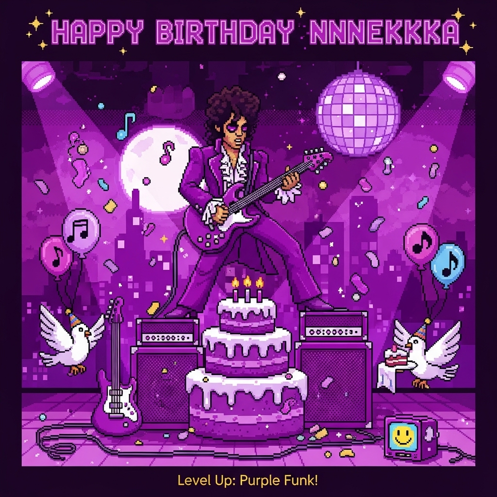 At the top of the Pixel Art Style image, HAPPY BIRTHDAY NNNEKKKKA in chunky 8-bit letters with a shimmering purple gradient and a crisp white pixel outline, twinkling star-sparkles around it.

Crisp 8-bit pixel art, vibrant limited palette heavy on purples (plum, violet, lavender, magenta) with black, electric cyan, gold, and white accents; big chunky square pixels, dithered shading, no anti-aliasing. Center stage: a Prince-inspired pixel pop icon in a flamboyant deep-purple suit and ruffled white shirt, curly hair and eyeliner, striking a heroic pose while shredding a whimsical curvy purple guitar. He stands atop stacked purple amps that double as a tiered birthday cake, with flickering 8-bit candle flames and icing dripping in lavender pixels. Comedic chaos: fat “purple rain” pixels fall like confetti, bouncy music-note balloons bob through the scene, and two cheeky pixel doves in party hats groove on the speakers—one delivering a slice of cake on a tiny napkin. Neon-violet spotlights sweep across a pixel disco ball, casting dithered purple glints; a moody city skyline silhouette glows in lavender with a big pixel moon behind. The stage floor is sprinkled with glittering pixels, a curly guitar cable, and a smiley-faced mini monitor. Overall vibe: funny, funky, and gloriously purple, with a nostalgic arcade-game charm and full-bleed composition.

At the bottom of the image, a tiny one-line pixel caption in gold: Level Up: Purple Funk!
Generated with these themes: Prince the singer, so lots of purple, and .
Made with ❤️ by AI.