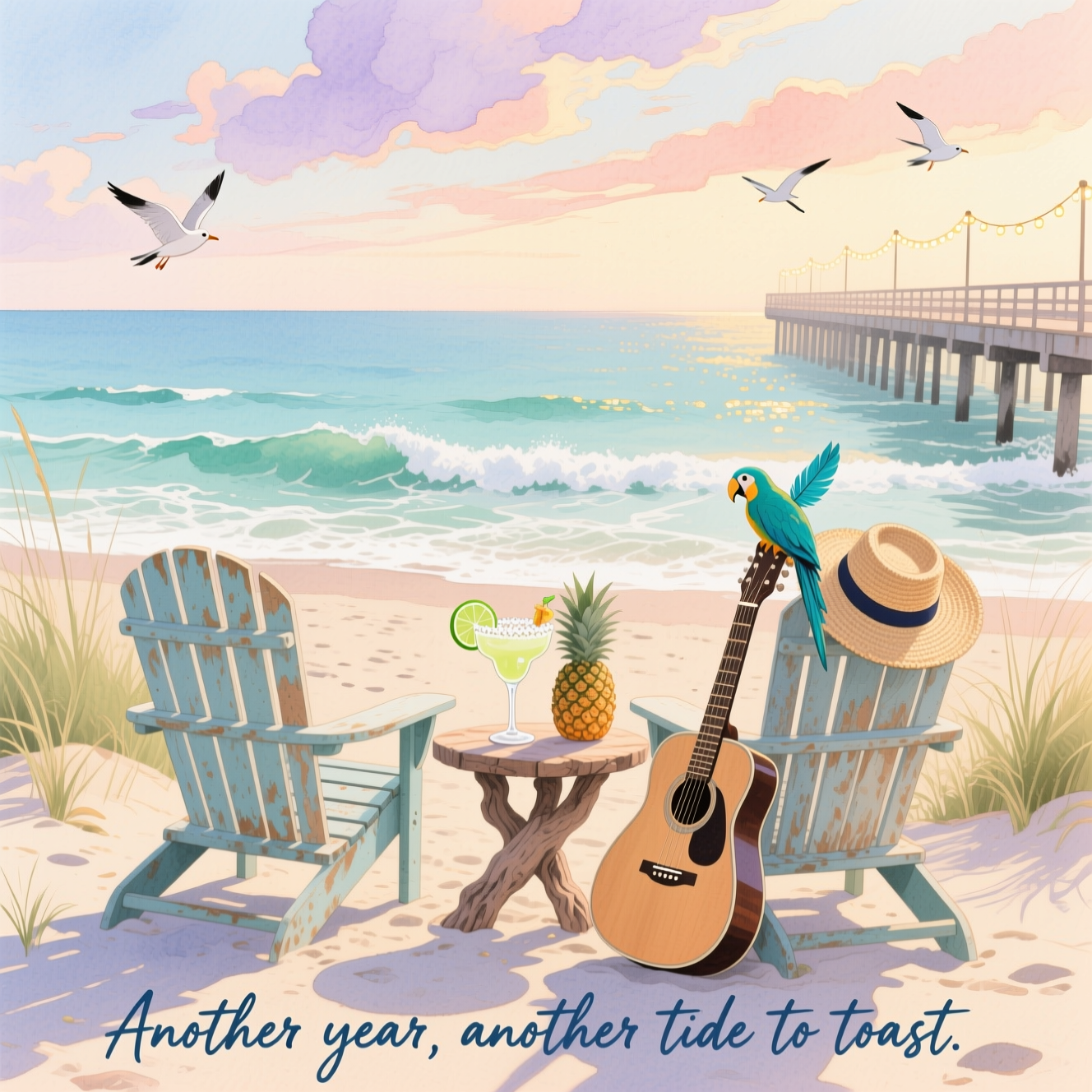 Watercolor, full-bleed vertical scene with soft washes, delicate gradients, subtle pigment blooms, and natural cold-press paper texture. Sincere golden-hour Hampton Beach vibe: gentle Atlantic waves in sea-glass blues, peach-lavender sky with wispy clouds, dune grass in muted greens, a granite jetty hinted at the right. Foreground: two weathered Adirondack chairs facing the ocean; between them a small driftwood table holding a salt-rim margarita with a lime wedge and a tall rum punch with pineapple—condensation suggested with negative-space highlights. Leaning on one chair: an acoustic guitar; on the arm, a straw Panama hat with a tiny teal parrot feather (a subtle nod to Jimmy Buffett). Distant boardwalk shapes and soft string lights rendered as loose, glowing marks; a couple of seabirds sketched with minimal brushstrokes. Techniques: wet-on-wet sky, soft-edged wave foam, dry-brush sparkle on water, gentle blooms around light sources, no hard outlines. Palette: aquas/teals, sandy beige, warm coral/gold accents, muted indigo shadows. Mood: warm, heartfelt, easy ocean joy.

Small text on image (one line), hand-painted brush script at bottom center in muted indigo:
“Another year, another tide to toast.”
Generated with these themes: Jimmy buffett, Hampton beach, ocean, drinks, , and .
Made with ❤️ by AI.