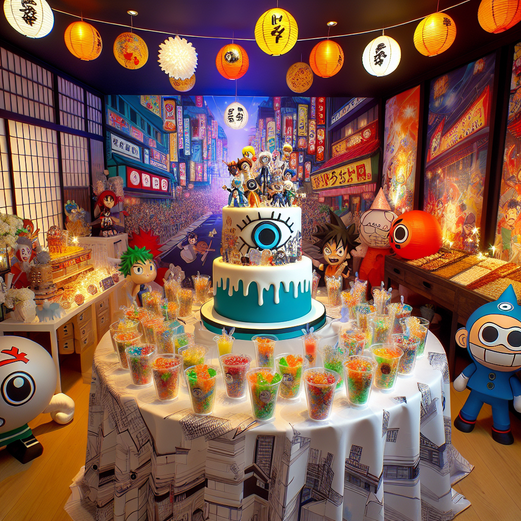 Create a lively cartoon-inspired, Japanese animation influenced, festive birthday setting. In the scene, there's a prominent round table adorned with a cloth featuring a Japanese animation-inspired cityscape design. A two-tiered cake characterizes the table, with its sides adorned with edible prints depicting various animated fight sequences, and topped with 3D sugar figures representing animated characters dressed in party hats. Clear plastic cups filled with vibrant jelly beans, each bearing paper sleeves showcasing animated eye designs, are spread across the table. The room's walls are embellished with vibrant backdrops illustrating an energetic animated festival featuring food stalls and fireworks. Life-sized cardboard representations of animated mascots, each clutching a gift box wrapped in festive paper, are dispersed around the room. Overhead, lighting is provided by paper lanterns fashioned to resemble fantastical spheres from a popular animated series, and a piñata shaped like a renowned animated mechanical entity hangs poised for action.
Generated with these themes: Anime .
Made with ❤️ by AI.