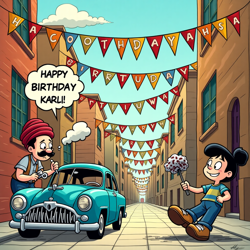 In a vibrant and bustling cartoon alley reminiscent of a bustling marketplace in an animated film, a humorous birthday scene unfolds. The scene is packed with delightful details and quirky characters. On the left side of the alley, a Persian man with a thick mustache and an iconic fez is humorously bent over the open hood of a vintage, sky-blue car. He's holding a wrench comically oversized for his hands, and a thought bubble above his head is filled with a jumble of random mechanical parts and question marks, conveying his confusion in a cartoonish style akin to that of Bill Watterson’s playful work in "Calvin and Hobbes."

Across the cobblestone alley, a girl, styled with classic comic strip bold lines and vibrant colors, casually leans against a brick wall. She has a mischievous grin and is blowing a smoke ring that floats up into the sky, curling around to form the letters of "Happy Birthday Karli!" in a whimsical cloud-like font reminiscent of Gary Larson's surreal humor in "The Far Side."

In the foreground, another comically exaggerated scene takes place. A girl, drawn with the dynamic expressiveness of Osamu Tezuka’s characters, is in a playful tussle with a homeless man. Instead of violence, the scene is depicted with cartoonish exaggeration: the girl is tickling the man with a giant feather, and he’s laughing uproariously, his face lit up with joy. They’re surrounded by scattered comic book-style "Ha Ha Ha" sound effects that pop out from the page.

Above them, a string of colorful pennant banners zigzags across the alley, connecting the two rooftops. Each banner letter cheerfully spells out "Karli’s Birthday Bash," with each triangle a different bright color, much like the vibrant palettes used in Charles Schulz’s Peanuts strips. The whole scene is filled with the charm and storytelling flair found in the works of Hergé and Winsor McCay, merging the mundane and the extraordinary into a joyous celebration for Karli.
Generated with these themes: Persian man working on car in alley with girl smoking and girl beating up homeless man.
Made with ❤️ by AI.