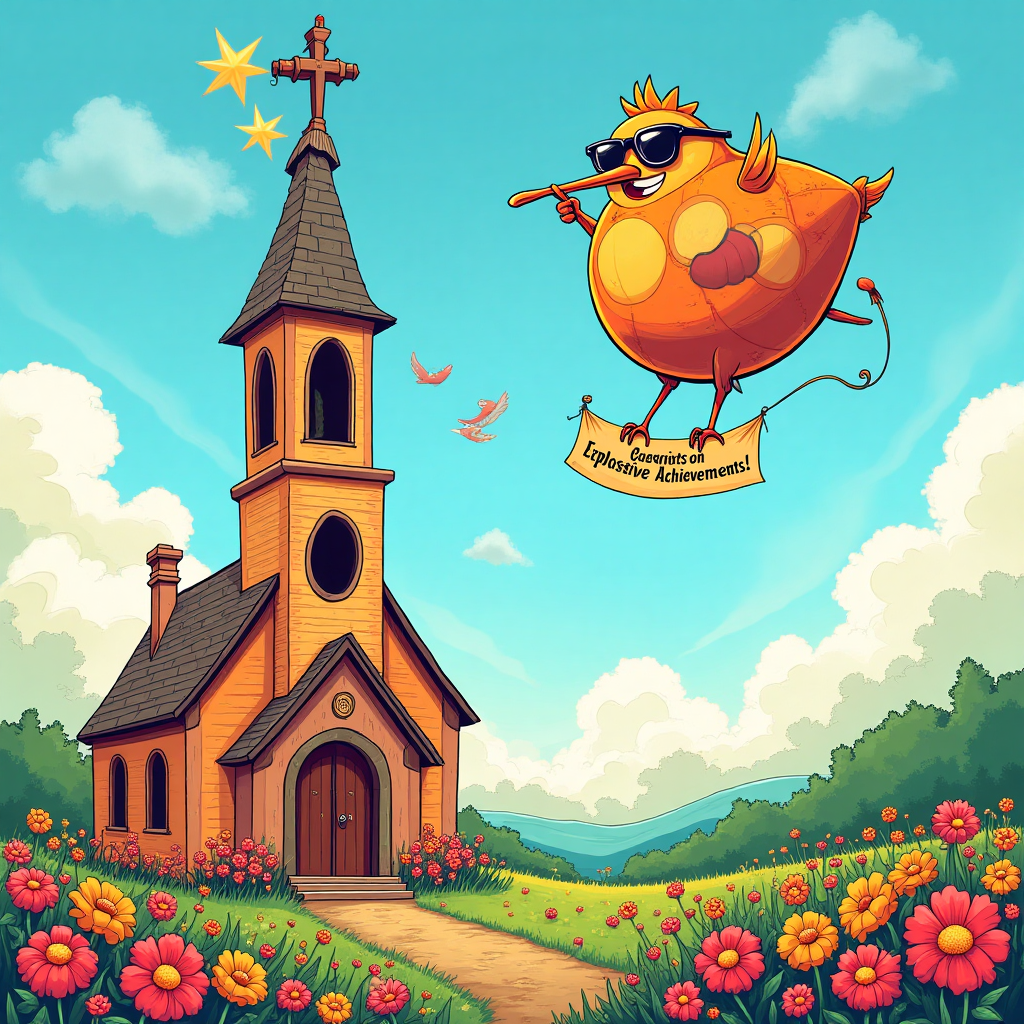 At the top of the Cartoon Style image, the text reads: **Onnea rippipaivana!!**

---

**Image Description:**

In the foreground, a cartoon-style church with an exaggeratedly tall steeple and comically tiny doors stands proudly amidst a field of oversized, vibrant flowers. In the background, a cartoonish warhead, painted in bright, cheerful colors and adorned with whimsical smiley faces, floats gently down from a sunny, blue sky. The warhead sports a pair of sunglasses and a cheeky grin, adding to its playful demeanor.

Perched atop the church steeple, a quirky cartoon bird with googly eyes and a comically long beak holds a banner in its beak, which humorously reads: "Congrats on Explosive Achievements!" 

The scene is full of vibrant, saturated colors and has a sense of whimsical chaos, capturing the perfect blend of celebration and hilarity.
Generated with these themes: Warhead, church, and .
Made with ❤️ by AI.