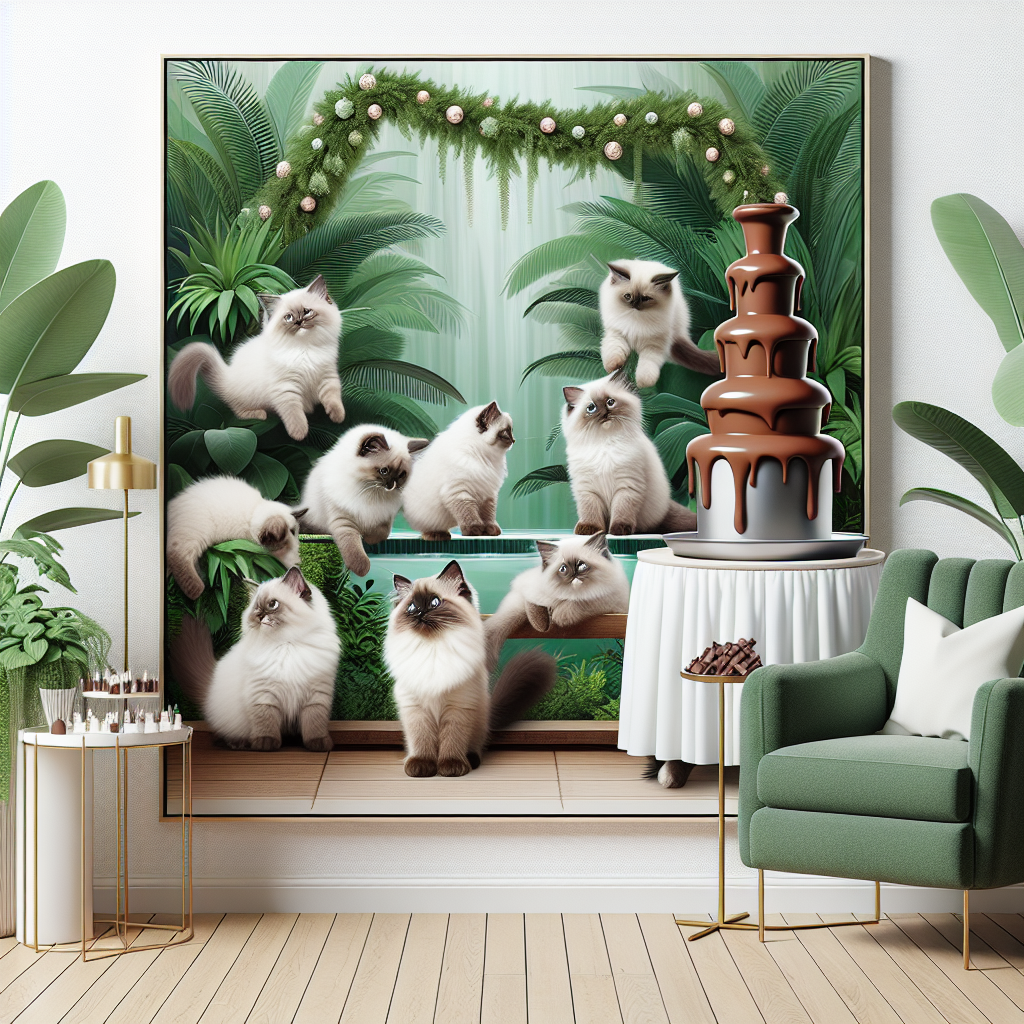 Create an artwork representing a whimsical birthday scene. The setting includes several fluffy Ragdoll kittens merrily playing amidst lush green indoor plants. Nearby, a comfortable armchair modeled after a recognizable modern design is draped with a festive garland. An adjacent side table is adorned with an enticing chocolate fountain, beckoning everyone present to partake and enjoy the cheerful celebration.
Generated with these themes: Ragdoll kittens, Houseplants, Ikea, and Chocolate.
Made with ❤️ by AI.
