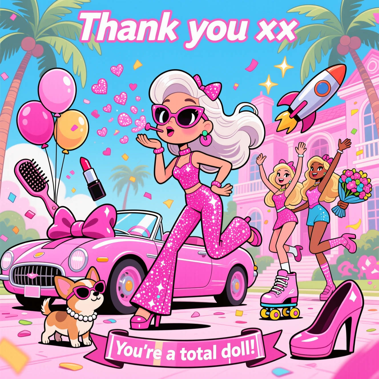 At the top of the Cartoon Style image, "Thank you xx"

A funny, playful cartoon scene bursting with Barbie-inspired glam: bubblegum-pink everything, over-the-top sparkle, palm trees and a dreamy pink mansion backdrop. Center stage: a big-eyed, big-haired fashion-doll heroine with voluminous platinum waves, cat-eye sunglasses, and a glittery hot-pink jumpsuit, striking a bouncy power pose while blowing a glitter-kiss that explodes into heart-shaped confetti. Around her: a shiny pink convertible with a giant bow, a tiny chihuahua in pearls and shades, and two fabulous Barbie-esque friends high-fiving, all with exaggerated proportions, thick bold outlines, and whimsical, energetic poses. Comedic props whirl like balloons—an oversized hairbrush, lipstick rocket, roller skate, and a bouquet of high heels—creating joyful motion lines, sparkle stars, and confetti swirls. Style: bright saturated candy colors, crisp cel shading, glossy highlights, thick inky contours, clean vector feel, low-angle dynamic composition for extra drama. Place a small cheeky caption at the bottom inside a shiny ribbon banner: "You're a total doll!" Only include the specified text; no other words or logos.
Generated with these themes: Barbie barbie barbie , and .
Made with ❤️ by AI.