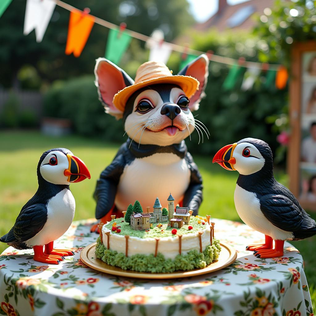 On a clear summer day, a family gathers to celebrate a birthday in a garden sprinkled with realistic statues of puffins, each painted vividly to look as if they've just flown in from the Irish coast. The main attraction is an oversized, comically ugly chihuahua piñata, complete with a garish summer hat and a tuft of faux fur to emulate old age, ready for the birthday antics. Around the garden, tables are draped in cloths adorned with prints of iconic Irish landmarks and eccentric, wrinkled chihuahuas wearing cheeky grins. The birthday cake is designed to look like a serene Irish countryside, with 3D puffin and chihuahua figurines dotting the edible landscape, and a puffin wearing sunglasses is perched on a fence made of candy sticks. Family photos, featuring previous raucous summer gatherings, are displayed on a board on one side, framed by strings of paper puffins and miniature Irish flags, capturing a sense of familial nostalgia intertwined with the unique theme.
Generated with these themes: Ireland , Ugly old Chihuahuas, Puffins, Summer, and Family.
Made with ❤️ by AI.