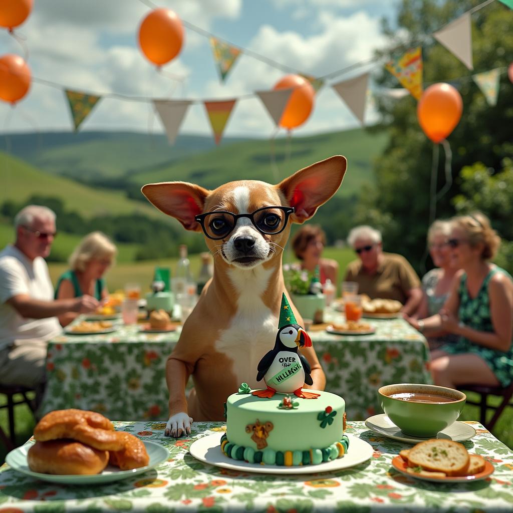 A summer-themed birthday party is taking place in a backyard that overlooks the rolling green hills of Ireland. In the center of the yard, a realistic, life-sized, inflatable chihuahua with exaggerated, humorous aging features—wrinkled skin, a few missing teeth, and a pair of thick, black-rimmed glasses—stands guard next to a pile of gifts. The table is set with a puffin-themed tablecloth and a matching birthday cake that has a puffin figurine sitting atop it, wearing a party hat and a sash that reads, 'Over the Hillock!'. Strung above the scene are banners and balloons incorporating the colors of the Irish flag—green, white, and orange. Guests, representing a mix of family members of all ages, are wearing summer attire with touches of Irish symbolism, such as shamrock prints and leprechaun hats. A refreshments area off to one side features a traditional Irish spread, including soda bread and a bowl of Irish stew for everyone to enjoy.
Generated with these themes: Ireland , Ugly old Chihuahuas, Puffins, Summer, and Family.
Made with ❤️ by AI.