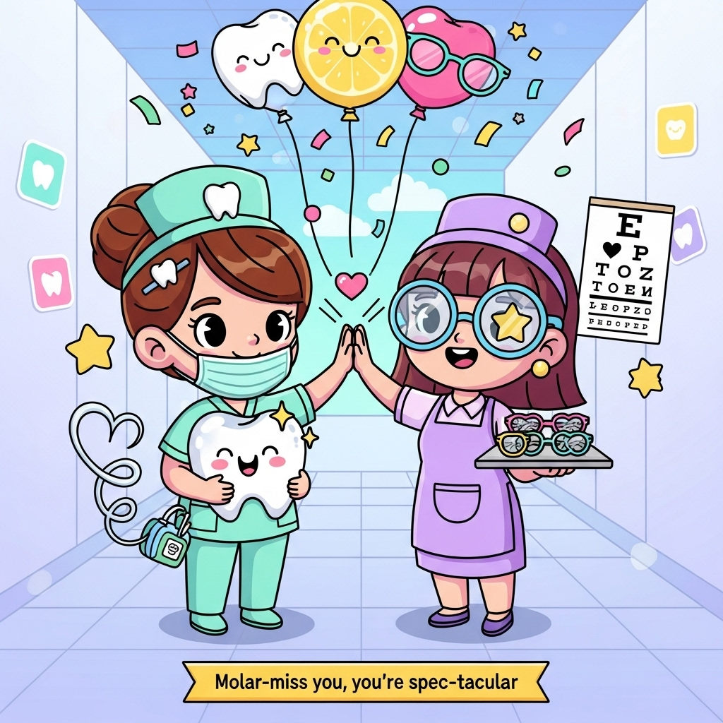 A kawaii farewell scene in playful cartoon style: two adorable chibi characters with oversized heads, thick inky outlines, and bright saturated colors. Left: a cheerful dental nurse in mint scrubs with a tiny tooth pin on her headband and mask tucked under her chin, cradling a glossy smiling tooth character with rosy cheeks and sparkles; a strand of floss swirls from her pocket into a heart-shaped arc. Right: a bubbly optical assistant in a lilac apron and oversized round glasses with star highlights, waving with one hand and holding a tray of colorful frames with the other; beside them, a cute icon-only eye chart (hearts and stars instead of letters). Between them, they high-five, making a tiny heart pop. Around them: tooth-shaped and glasses-shaped balloons drifting up, confetti, twinkly stars, and soft bubbly shadows. Background: a clean, candy-colored clinic corridor in a sky-blue to lavender gradient, with playful stickers and soft highlights, simple and uncluttered. Style: exaggerated proportions, thick outlines, bold candy palette (mint, bubblegum pink, lemon, sky blue, lilac), soft glow, crisp 2D vector feel, whimsical energetic poses. Composition: vertical, large central characters, minimal background. On-image caption (small, hand-lettered ribbon at bottom center, bubbly type, dark outline, pastel fill): “Molar-miss you, you’re spec-tacular!” No other text.
Generated with these themes: Kawaii style characters, Dental nurse, Optical assistant, and .
Made with ❤️ by AI.