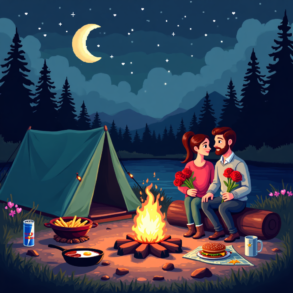 At the top of the Pixel Art Style image, Happy Birthday My Loving Husband

Crisp 8-bit pixel art, chunky square pixels, vibrant limited palette, nostalgic video-game charm, portrait composition. Nighttime campsite under a deep midnight-blue sky: a big crescent moon and twinkling stars arranged as a heart-shaped constellation. In the foreground, a cozy campfire glows with warm oranges; smoke curls into a subtle pixel-heart. On the fire, a tiny cast-iron skillet sizzles with sunny-side-up eggs; beside it, a grill with a juicy steak showing bright grill marks. A red-and-yellow smiley meal box (happy-meal vibe) sits open on a picnic blanket with pixel fries and a burger. A blue-silver can of Red Bull with a small red bull icon rests next to two enamel mugs.

Two pixel characters sit on a log: a loving wife in a cozy sweater wraps a starry quilt around her bearded husband; she presents a bouquet of crimson pixel roses while they touch foreheads, little pink heart particles floating around them. A teal tent behind them is strung with tiny heart-shaped fairy lights; pine trees frame the scene, and a calm lake reflects the moon and stars.

Small, playful text in tiny pixel font at the bottom center: To the moon and medium-rare.

Lighting: warm firelight on characters, cool moonlight on the surroundings. Use clean, blocky shading and tasteful dithering; avoid gradients; keep colors bold and limited (navy/cyan for sky, pale yellow moon, teal tent, warm fire oranges, rose red accents). Romantic, cozy, and celebratory mood.
Generated with these themes: Camping, Happy meals, Red bull, Wife, Moon and stars, Love, Eggs, Steak, Roses, and .
Made with ❤️ by AI.