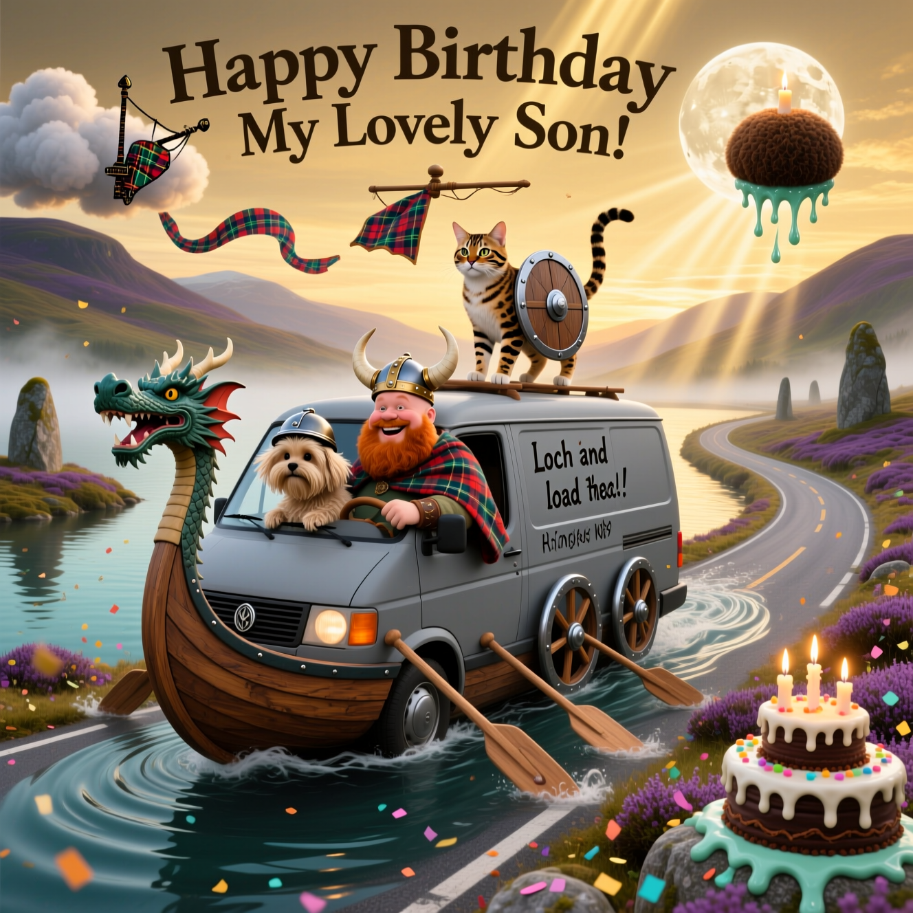 At the top of the Surreal Style image, Happy Birthday to My Lovely Son

Dreamlike, Dali-inspired surreal Highlands of Scotland under ethereal golden twilight. Centerpiece: a chubby bald man with a ginger beard, beaming, dressed as a playful Viking (tartan cloak, cheeky horned helmet) piloting a grey van that morphs into a Viking longship—dragon-prow hood, wooden oars as spinning wheel spokes—sailing along a ribbon of road that ripples like a loch. Exactly one straggly beige Shih Tzu leans out the passenger window, wind-fluffed and heroic, tiny helmet askew; exactly one Bengal cat with bold rosette markings stands proudly on the roof as a feline figurehead, a miniature round shield strapped to its back. The landscape melts and bends: tartan hills drape like soft blankets over sagging standing stones; bagpipe-shaped clouds puff tartan ribbons; a haggis-moon with glowing candles drips icing-wax onto the heather. Melting birthday cakes cling to stones; confetti made of Viking runes swirls in the breeze; Nessie suggested as a looping ripple in the road-loch. Luminous god rays, painterly textures, heather purples, misty teals, slate greys, and candle-gold highlights. Funny, whimsical mood; portrait orientation with generous headroom for the headline; central characters in crisp focus, background softly surreal. On the grey van’s door, small hand-painted lettering: “Loch and load the candles!” Only these two text elements; no other text or logos.
Generated with these themes: Chubby bald man with a ginger beard, 1 straggly beige shitzui, 1 bengal cat, Vikings, Scotland, grey van, and .
Made with ❤️ by AI.