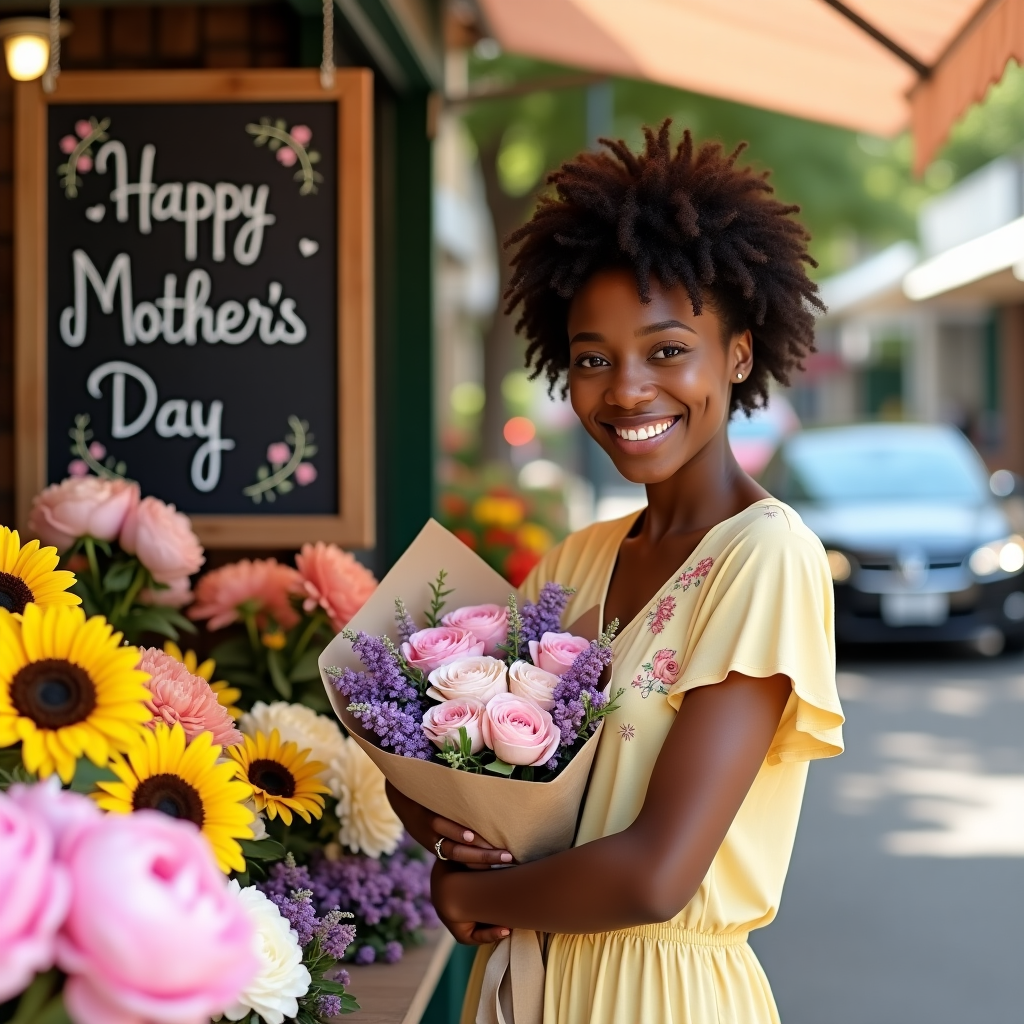 **Prompt:**  
A realistic photograph of a charming flower stand on a sunny spring morning, brimming with colorful fresh blooms — sunflowers, peonies, lavender, and roses in pastel pinks and soft purples. A cheerful young Black woman with natural curly hair styled in a cute updo stands beside the flower stand, smiling warmly as she holds a beautifully wrapped bouquet close to her heart. She wears a soft yellow dress with delicate floral embroidery, radiating joy. In the background, hanging from the flower stand canopy, a handwritten chalkboard sign reads "Happy Mother's Day" in flowing cursive, surrounded by tiny hand-drawn hearts and flowers. The mood is bright, heartfelt, and sweet — a perfect Mother's Day celebration of love and blossoms.
Generated with these themes: Happy Mother’s Day featuring black woman and flowers.
Made with ❤️ by AI.
