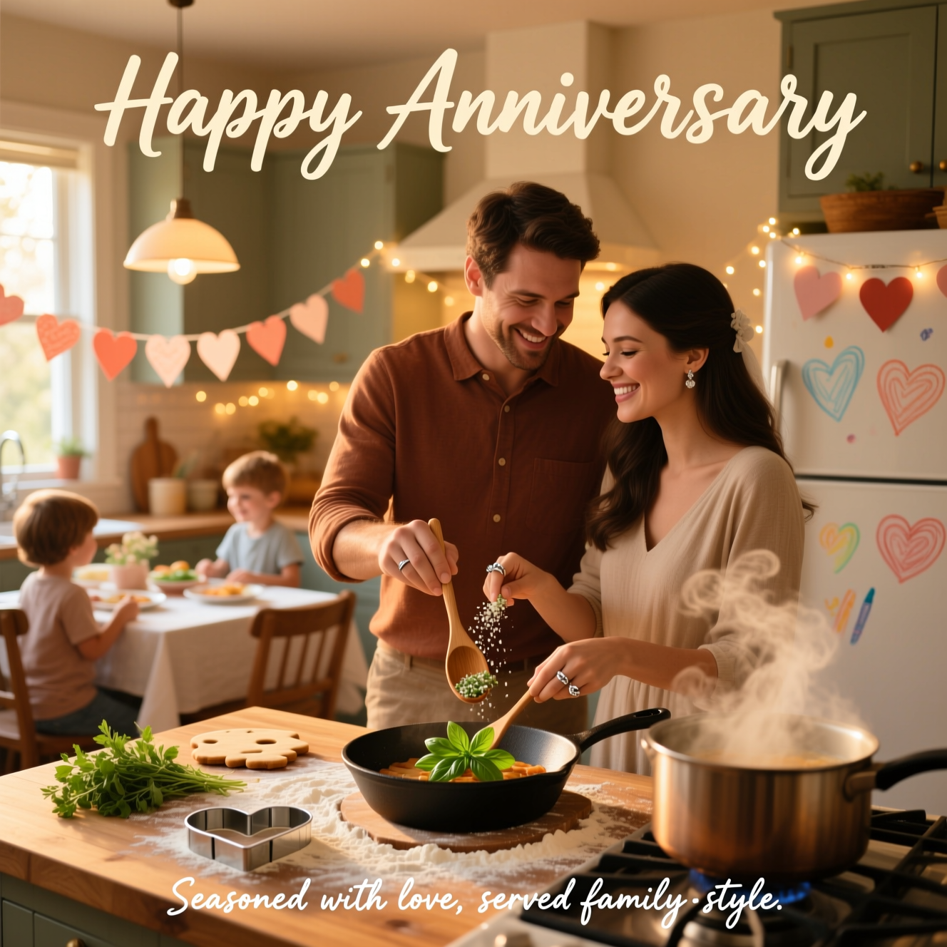 At the top of the Photorealistic picture taken from a camera image, Happy Anniversary

Ultra-high-definition 4K UHD, vertical portrait orientation, full-bleed. Photorealistic, true-to-life lighting and lifelike textures with a rich, layered depth of field. Scene: a warm, golden-hour family kitchen. In the foreground, a flour-dusted wooden countertop with a heart-shaped cookie cutter, fresh herbs, a cast-iron skillet, and a simmering pot sending up soft curls of steam. Center frame, a loving couple cooking together: their hands meet on a wooden spoon as he sprinkles basil and she stirs, wedding rings catching the light; they share a tender smile and gentle eye contact. In the softly blurred background, two kids hang paper heart garlands and set the table, crayon drawings dot the fridge, and string lights create a creamy bokeh. Colors: honeyed ambers, soft creams, terracotta, and warm wood tones. Lighting: natural window light from the left, subtle pendant glow above, balanced highlights and realistic shadows. Camera: full-frame DSLR, 50mm prime, f/1.8, ISO 200, 1/125s; focus on the couple’s hands and the dish, with tasteful background blur. Place “Happy Anniversary” at the top in an elegant warm-cream script with a subtle drop shadow over soft negative space. Add a small, handwritten-style caption at the bottom: “Seasoned with love, served family‑style.” No borders, no logos, clean composition.
Generated with these themes: Family, cooking, and .
Made with ❤️ by AI.