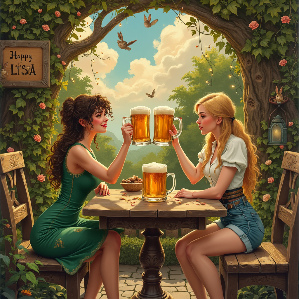 The scene is set in a quaint, whimsical beer garden bathed in the golden light of late afternoon. At the center, there's a charming old wooden table with intricate carvings, reminiscent of Arthur Rackham's work, laden with celebratory elements. A large, frothy mug of beer sits prominently on the table, its amber liquid shimmering as though it’s catching the light in a way Maxfield Parrish might capture.

Seated at the table are two distinct characters, their styles subtly nodding to the elegance of Aubrey Beardsley and the playful, earthy charm of Beatrix Potter. On one side is a petite woman with curly hair, wearing a vintage, short and sexy dress that flares slightly at the hips. Her dress is a deep shade of emerald green, embroidered with delicate gold patterns. She leans forward with a playful grin, raising her mug in a toast. Her eyes are sparkling with joy, inviting you to join the celebration.

Opposite her sits a woman with long, flowing blond hair, cascading down her back like a waterfall of gold, in the manner of a Gustave Doré illustration. She’s dressed in a classic, yet stylish outfit that blends Norman Rockwell’s wholesome Americana with a touch of modern flair – think denim shorts paired with a crisp, white blouse. She too raises a mug of beer, her lips forming a soft smile that speaks volumes.

The backdrop features a lush, overgrown garden with twisting vines and blooming flowers, almost Maurice Sendak-like in its detail and enchantment. Nestled among the foliage is an old, weathered wooden sign with the word "Lisa" intricately carved into it, in a Quentin Blake-esque whimsical font. Above, the sky is a canvas of warm hues, with fluffy clouds subtly forming the letters "Happy Birthday, Lisa" – an homage to Edward Gorey’s subtle yet impactful storytelling through imagery.

To add a final touch of celebration, there are fairy lights strung above the scene, twinkling like stars, and small woodland creatures – rabbits and birds – peeking out from the foliage, as if they too are joining in the festive mood, echoing Beatrix Potter's endearing touch. 

This richly detailed scene tells a story of friendship and celebration, with every element thoughtfully woven together to create a unique and personal birthday greeting for Lisa.
Generated with these themes: Blond long hair, Beer, Short, Sexy woman, Petite, and Curly hair.
Made with ❤️ by AI.