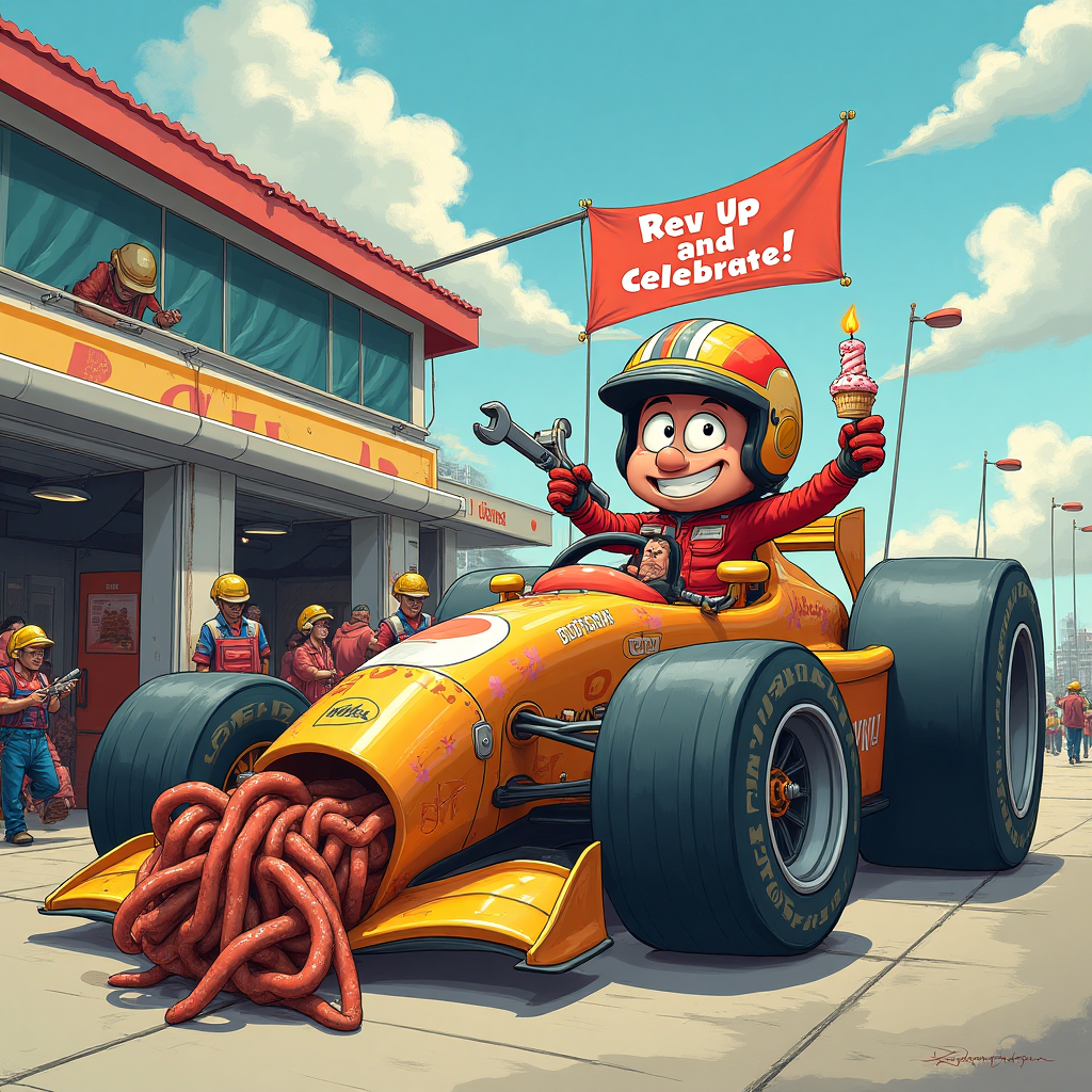 **Image Prompt:**

Picture a bustling F1 pit stop, but with a comical twist. The scene is animated with zany, cartoonish characters. In the foreground, a rotund, smiling mechanic with an oversized wrench is energetically trying to fit it into a tiny, overly-complicated tire. Beside him, another mechanic, who has the exaggerated proportions of a beanpole, is hilariously tangled up in a bunch of bright red and yellow hoses. 

The F1 car itself is a whimsical spectacle, with enormous, exaggerated tires and a brightly colored body that sports silly stickers of happy faces and birthday cakes. The driver, wearing an oversized helmet with wide, playful eyes peering out, is leaning out the window, joyfully holding a cartoonishly large birthday cake with a single, tall, wobbly candle.

In the background, a banner flaps in the air reading: "Rev Up and Celebrate!"
Generated with these themes: F1 , Mechanic, and .
Made with ❤️ by AI.