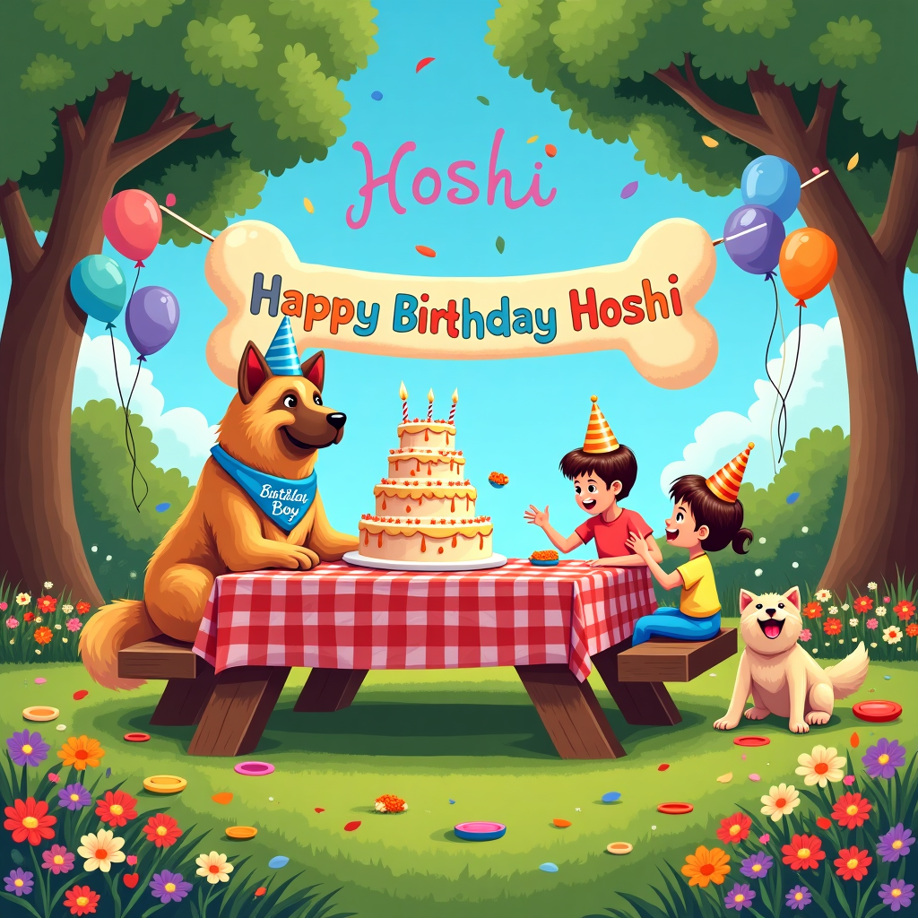 In a vibrant park bursting with life and laughter, the central focus of the scene is a large, vividly colored picnic table covered with a checkered red and white tablecloth. Atop the table is a towering birthday cake shaped like a giant bone, frosted in shades of creamy beige and rich chocolate, perfectly fitting for the guest of honor—a playful Akita dog. The Akita, with its lush, golden fur and perky ears, is happily perched beside the cake, wearing a party hat that's slightly askew, adding to its adorable charm. Around its neck is a bandana with the words "Birthday Boy" embroidered in bright blue thread.

Surrounding the table are several balloons in various shades of blue and yellow, tied to the table legs and dancing gently in the breeze. In the background, a large banner strung between two tall oak trees proclaims "Happy Birthday Hoshi!" in bold, rainbow letters that seem to sparkle in the sunlight. The banner flutters gently, casting playful shadows on the grass below. Beyond the trees, the sky is a brilliant azure, dotted with fluffy white clouds, and if you squint just right, you'll see the name "Hoshi" whimsically scrawled across one of the clouds in a font that looks like it was crafted by a cloud artist.

Scattered around the scene are an array of vibrant wildflowers in full bloom, with their petals in reds, purples, and yellows creating a natural confetti effect. Several guests—friends and family of the recipient, perhaps, each with their own quirky party hat—are caught mid-laughter, with some tossing frisbees and others enjoying slices of cake served on matching party-themed plates. One child is offering a small balloon to the Akita, who eyes it curiously with a paw poised to play.

In this joyful tableau, every detail celebrates Hoshi’s special day, combining whimsy with the charm of a beloved pet to create a birthday card scene bursting with life and cheer.
Generated with these themes: Akita dog.
Made with ❤️ by AI.