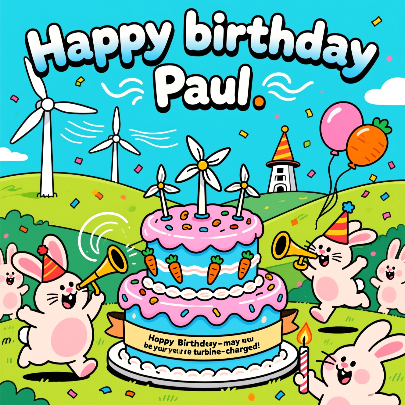 Wind turbines, rabbits birthday cake, and Birthday Card