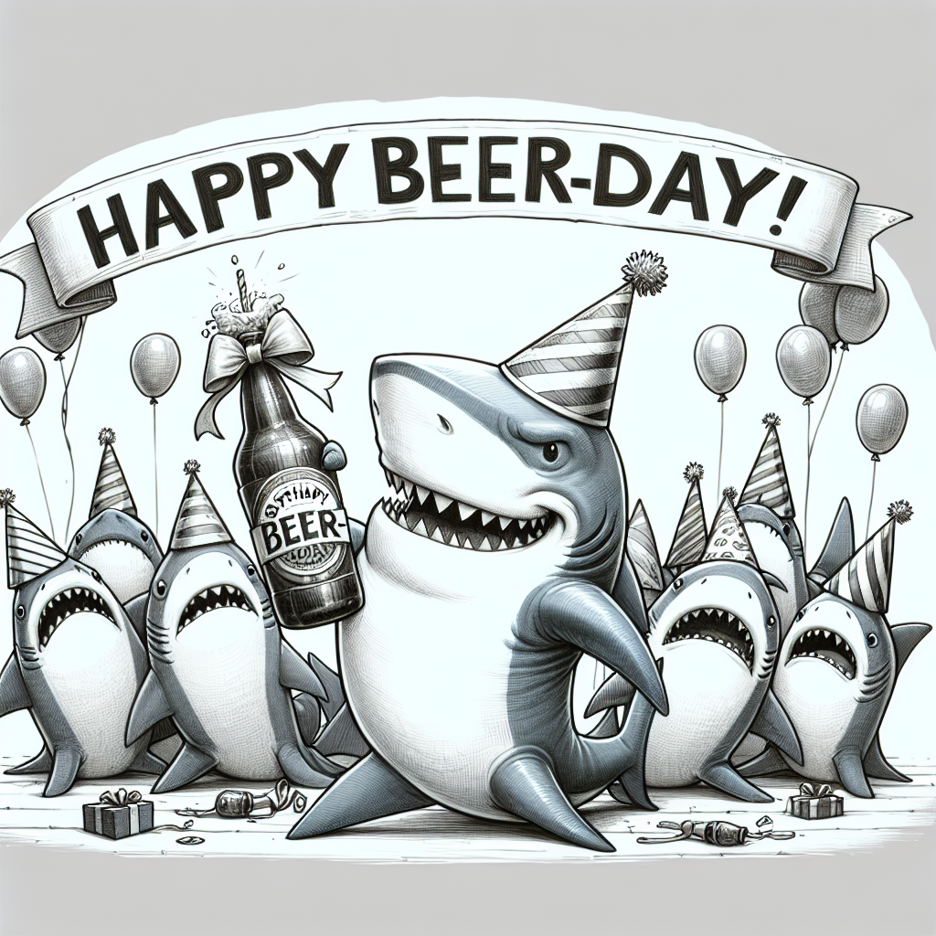 Illustrate a light-hearted, birthday-themed scene where a playful shark donned in a festive hat comically lifts a beer bottle adorned with a bow, signifying it as a birthday present. Surround this main shark with a group of other sharks, also in party hats, showing excitement and encouragement. The backdrop should be filled with celebratory balloons and a banner extending across the scene, humourously inscribed with the words 'Happy Beer-day!'. This setup should highlight a jovial fusion of beer symbolisms and marine elements.
Generated with these themes: Beer, sharks .
Made with ❤️ by AI.
