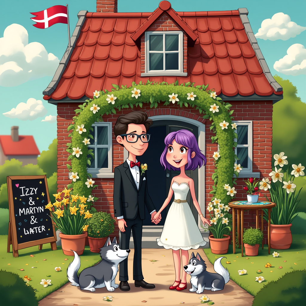 Picture this whimsical, charming wedding scene bursting with delightful details. The setting is a quaint, picturesque registry office, its red-bricked facade adorned with fluttering Danish flags that gently sway in the breeze. Nestled at the entrance of this charming building are two majestic Malamute dogs, their fluffy tails wagging joyfully as they sit obediently. Each pup wears a tiny bow tie—one red and one blue—adding a touch of formality to their adorable demeanor.

In front of the registry office stands the dapper groom, Martyn, with dark hair and glasses, dressed in a sleek black tuxedo. He holds hands with his radiant bride, Izzy, who sports a playful bob of purple hair and a short, elegant white dress. Her dress is festooned with daffodils, creating a natural, sunny embellishment that complements her beaming smile. 

Surrounding them are lush, vibrant house plants in various pots, arranged like an archway to frame the happy couple. Each plant is unique, with different shades of green, some sporting colorful flowers that add extra flair to the scene.

Near the couple, a whimsical table is set up with a small board game featuring wedding-themed pieces—a tiny bride and groom, rings, and even a miniature registry office as the board's centerpiece. Scattered daffodils are sprinkled around the board game, further tying in the floral theme.

In the sky above the registry office, fluffy white clouds float serenely, but wait—there’s something special here! The names "Izzy & Martyn" are spelled out in the sky by playful, animated clouds, creating a joyful, personalized touch. To the left of the building, a tall signboard displays "Congratulations Izzy & Martyn!" written in colorful chalk, surrounded by doodles of hearts and wedding bells.

The entire scene is a beautiful amalgamation of playful, cartoonish artistry inspired by the likes of Charles Schulz and Bill Watterson, where each element tells a story of love, joy, and celebration.
Generated with these themes: Two Malamute dogs with fluffy tails , Registry office wedding , Danish flag , Dark haired groom with glasses without a beard , Purple haired bride with short white dress , Daffodils , Board games , and House plants .
Made with ❤️ by AI.
