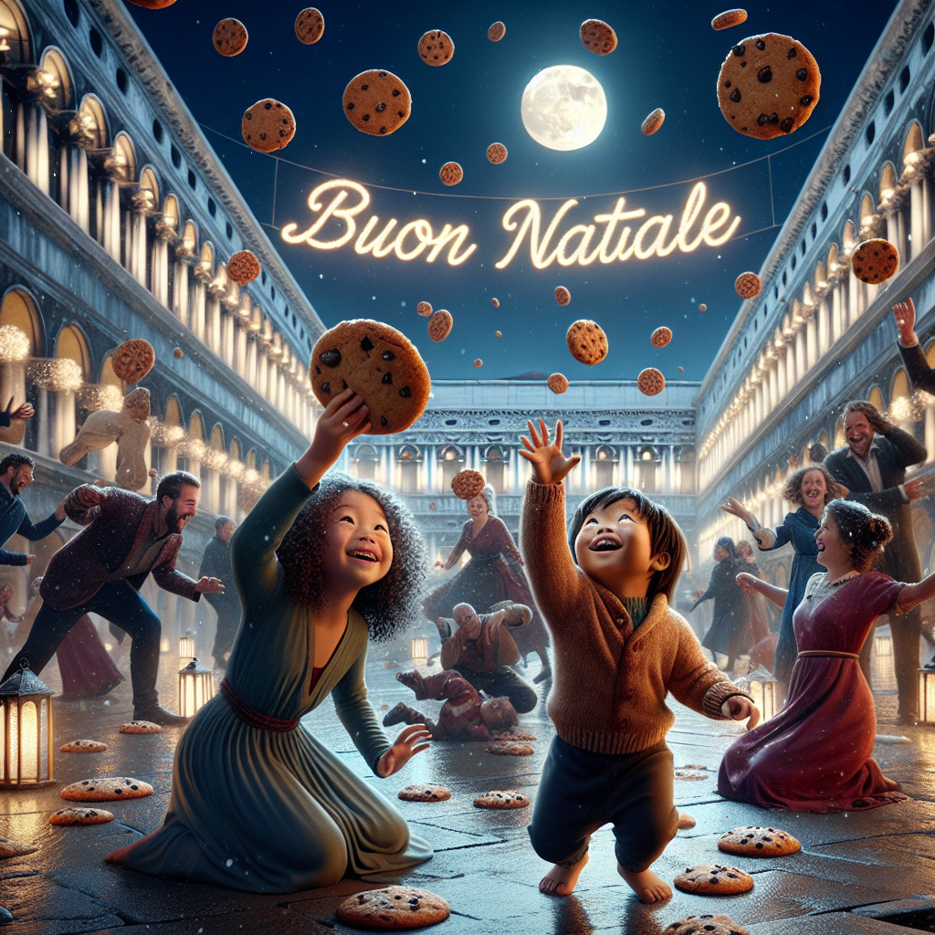 Beneath a crescent moon, the surreal ambiance of a Venice Christmas comes to life in Saint Mark's Square, where it's snowing chocolate chip cookies on delighted visitors. An adorable two-year-old boy, eyes sparkling with the magic of the scene, attempts to catch the falling treats together with his dynamic, curly-haired six-year-old sister. The sparkling 'Buon Natale' inscription contributes to the glamorous yet whimsical atmosphere. Nearby, a group of rich people, caught in the spirit of levity, are getting good-naturedly beated up, laughing along with the festivities embraced by the joyous crowd.
Generated with these themes: Curly haired six years old brunette, Adorable 2 years boy, Saint mark's square Venice italy, Snowing chocolate chip cookies, Crescent moon, Glamorous atmosphere, and Rich people getting beated up.
Made with ❤️ by AI.