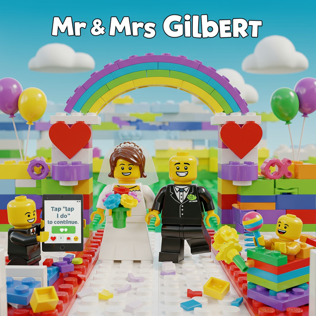 At the top of the Cartoon Style image, Mr & Mrs Gilbert

Playful, funny LEGO wedding scene in bright, saturated colors with thick outlines and exaggerated, energetic poses. Center stage: a LEGO minifigure bride with brown hair, beaming, in a white brick-built dress holding a bouquet of colorful LEGO flowers; hand-in-hand with a LEGO minifigure groom with a shaved head, sharp black tux torso print, cheeky grin. They stand beneath a rainbow brick wedding arch on a studded baseplate aisle, with heart-shaped red bricks and confetti-like 1x1 tiles popping around them.

Left side: a cartoon boy child with a shaved head in a tiny suit, holding up an iPad like the ceremony officiant; on the screen, in playful bold type: “Tap ‘I do’ to continue” with a green button and little heart emojis floating out. Right side: a cartoon boy baby giggling in a colorful bouncy chair, feet kicking; a springy bounce arc, a rattle made from 2x2 bricks, and a couple of loose bricks flying like confetti for comedic chaos.

Styling notes: Cartoon Style with thick black outlines, chunky shapes, bouncy motion lines, and big expressive faces; bright primaries and candy pastels; soft cel-shading and glossy highlights on the plastic bricks. Background subtly built from LEGO-like blocks with balloons shaped like studs. Render the title text in big, friendly, blocky, brick-built letters spanning the top, leaving lots of image area for the characters below. High energy, heartwarming, and hilarious.
Generated with these themes: Lego bride with brown hair, Lego groom with shaved head, Boy child with shaved head and ipad, Boy baby in a bouncy chair, Lego, and .
Made with ❤️ by AI.