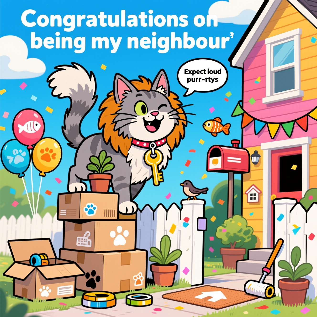 At the top of the Cartoon Style image, "Congratulations on being my neighbour"

Playful, vibrant cartoon scene in portrait orientation with thick black outlines, bold shapes, and bright saturated colors. Center stage: an oversized, fluffy grey Maine Coon cat with exaggerated features (tufted lynx ears, huge plumed tail, lion-like ruff) teetering happily atop a stack of moving boxes beside a cheerful, colorful townhouse. The cat peeks over a shared white picket fence toward the viewer with a cheeky wink and toothy grin, wearing a comically large shiny house key on a ribbon collar. Its giant tail curls into a heart around a tiny house-shaped plant pot to hint at “new home.”

Around the cat: festive housewarming vibes—bunting strung between mailbox and porch (no text), balloons shaped like fish and little houses, confetti popping, potted plants, a rolled welcome mat with a simple house icon, a paint roller and tape peeking from an open box. Cute details: paw-print stickers on boxes, a bird perched on the fence reacting to the enormous cat. Bright blue sky with fluffy clouds and lots of airy headroom above for the title.

Small, funny extra text: a speech bubble near the cat that reads, "Expect loud purr-tys"

Lighting is bright and cheerful; cel-shaded color with simple shadows; dynamic, energetic posing; clean, friendly composition with the cat large and central. No other text.
Generated with these themes: Maine coon grey cat, NEW HOME, and .
Made with ❤️ by AI.