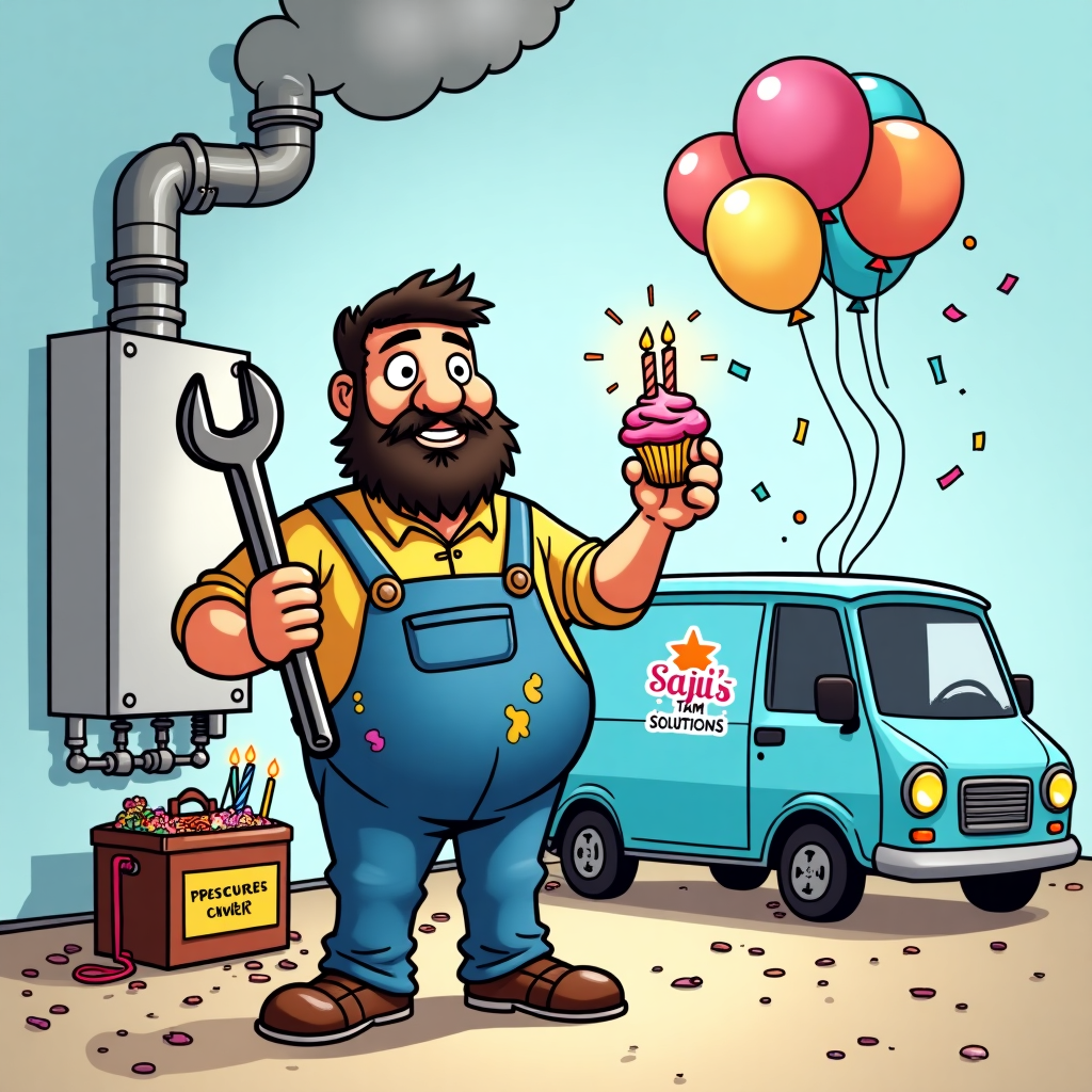 At the top of the cartoon image, “Happy Boiler-Day, Sajid — Hope You Don’t Blow a Gasket!”

A cartoon image in a funny, vibrant style. An Asian plumber with a bushy beard is standing in front of a slightly smoke-belching gas boiler, wearing blue overalls stained with mystery fluids. He's holding a massive monkey wrench in one hand and a cupcake in the other, with birthday candles poking out of the toolbox at his feet. A cheerful light blue van is parked behind him with a cartoon logo reading “Sajid’s Steamy Solutions.” Pipes twist into the shape of a balloon and there's confetti coming from a pressure valve. A “birthday gas leak” warning sign humorously dangles nearby with balloons tied to it. Everything is bursting with comedic energy and mechanical mayhem.
Generated with these themes: Gas boiler, Plumber, Light blue van, Overalls, Tools, Beard, Asian, and .
Made with ❤️ by AI.