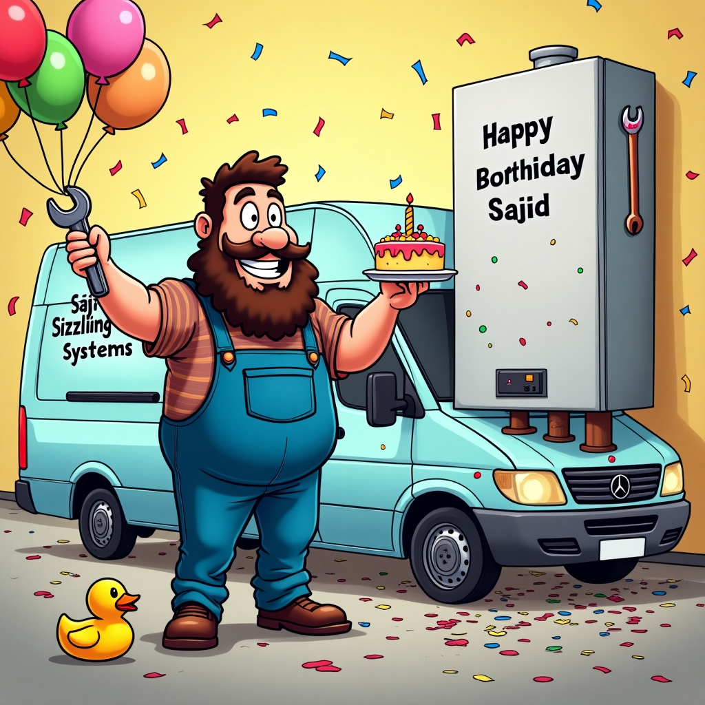 Gas boiler, Plumber, Light blue van, Overalls, Tools, Beard, Asian, and Birthday Card