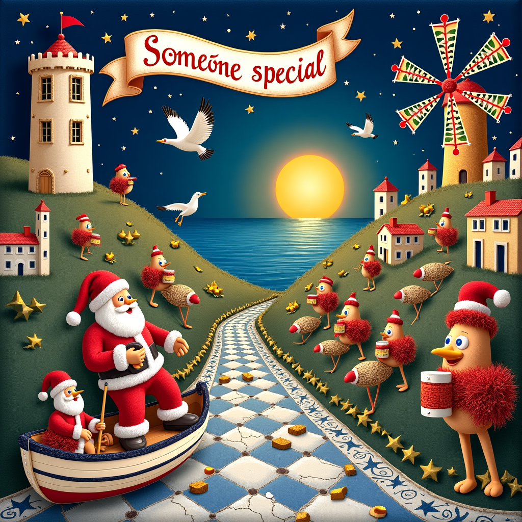 The scene unfolds in a whimsical Christmas village nestled along the rugged coastline of Portugal. At the forefront, an elaborate ceramic azulejo-tiled street winds its way through the scene, each tile depicting miniature Christmas motifs, such as snowflakes, holly, and candy canes, with a distinctive blue and white Portuguese flair. The iconic Belem Tower stands proudly to one side, transformed into a gigantic gingerbread castle with sugar-frosted turrets and gumdrop windows, evoking the holiday spirit. 

In the center, a group of festive sardines, each wearing a tiny Santa hat, leap joyously out of a colorful wooden fishing boat adorned with Christmas lights. To the right, a merry Fado singer, dressed in a Santa suit, serenades passersby with a guitar made of candy canes, his music notes illustrated as playful snowflakes fluttering in the air. Behind him, rolling hills are dotted with cork trees, their trunks wrapped in shimmering red tinsel.

In the sky above, a banner made of golden stars spells out "Someone special" in a looping, elegant script, carried aloft by two cheeky seagulls wearing Christmas scarves. This banner arches over a bright sun setting into the Atlantic, which is not a regular sun, but one stylized with swirls reminiscent of Lisbon’s famous tram wheels, casting a soft golden glow across the entire scene.

On a far hill, a quaint windmill wears a fluffy, oversized Santa hat, its blades turning slowly as if waving hello. Off to the side, a row of colorful ceramic roosters (Galo de Barcelos) have congregated, each with a shiny, red Christmas bauble hanging from their beaks, their patterns uniquely painted with intricate Christmas motifs. The backdrop features a cascade of string lights twinkling against the pastel-painted houses of a coastal town, creating a tapestry of warmth and holiday cheer against the vast expanse of a star-speckled indigo sky.
Generated with these themes: Portugal.
Made with ❤️ by AI.
