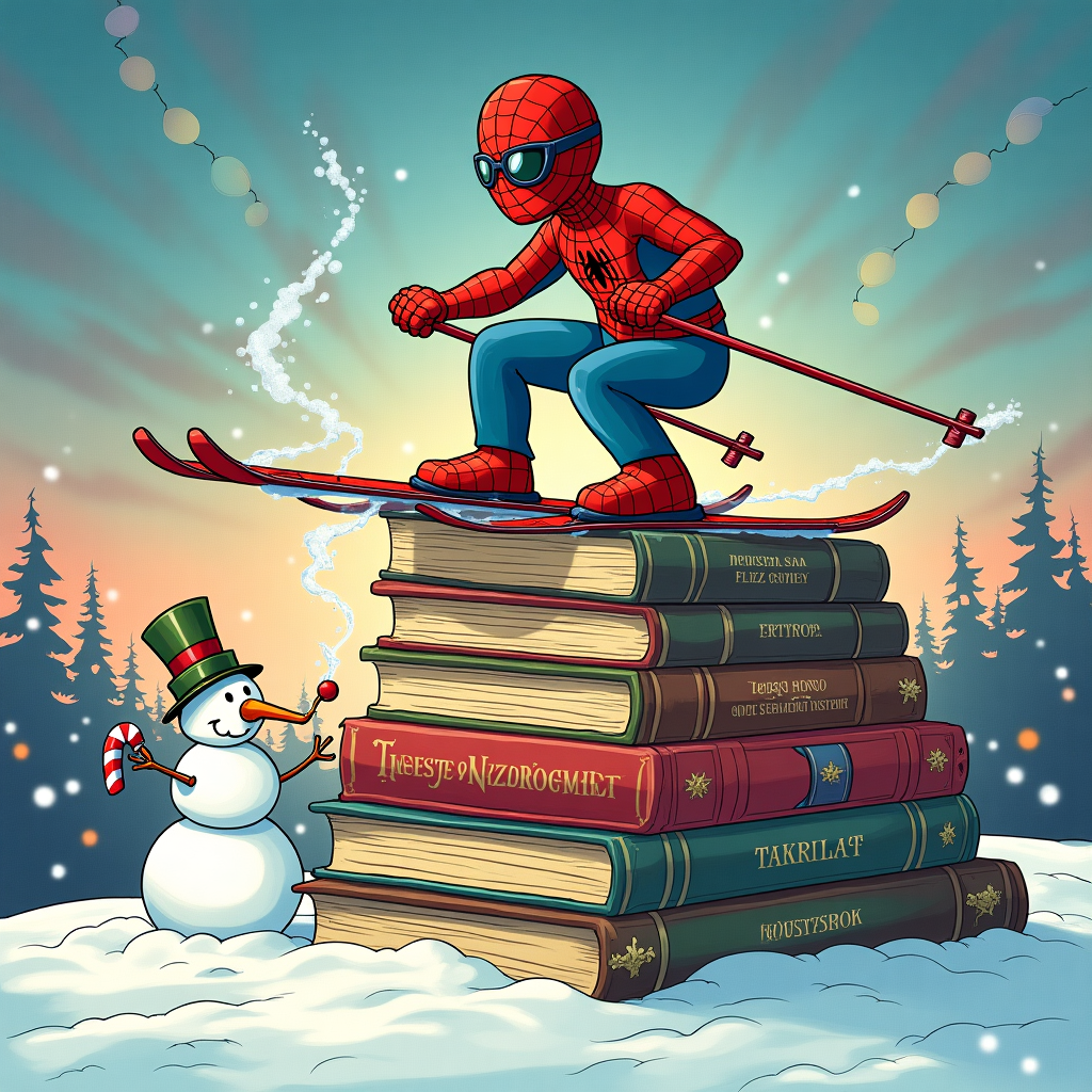 On the front cover of this Christmas greeting card, we find ourselves in a surreal, cartoonish winter wonderland that merges the worlds of Spiderman, skiing, books, and cigars in a uniquely imaginative way. In the foreground, Spiderman, clad in his iconic red and blue suit, is perched atop a grand pile of oversized books that form the shape of a snow-covered mountain. Each book has a distinct color and title, ranging from classic literature to fantastical tales, and they serve as a playful ski slope. Spiderman, wearing tiny, festive ski goggles, is ready to launch himself down the book-slope on skis made from thin, elongated cigar boxes, their ornate labels vividly visible. 

To the left, a whimsical snowman sports a top hat made from a rolled-up vintage comic book, a nod to the legacy of classic cartoons. The snowman is puffing a candy cane cigar, with twirls of peppermint-scented smoke spiraling into the chilly air. Behind Spiderman, the sky is a magical dusk, with swirling, pastel colors reminiscent of a Winsor McCay dreamscape. Sprinkled across the sky are comic-style speech bubbles, containing cheerful holiday messages in various languages.

In the background, faint silhouettes of famous cartoon characters like Snoopy and Calvin & Hobbes peek out from behind the book-mountain, watching Spiderman's impending descent with expressions of whimsical anticipation. Christmas lights, strung like spider webs between the books, twinkle softly, adding a touch of holiday cheer to the surreal scene. This imaginative tableau perfectly blends the eclectic elements into a singular, delightful Christmas card cover.
Generated with these themes: Spiderman, Ski, Books, and Cigar.
Made with ❤️ by AI.