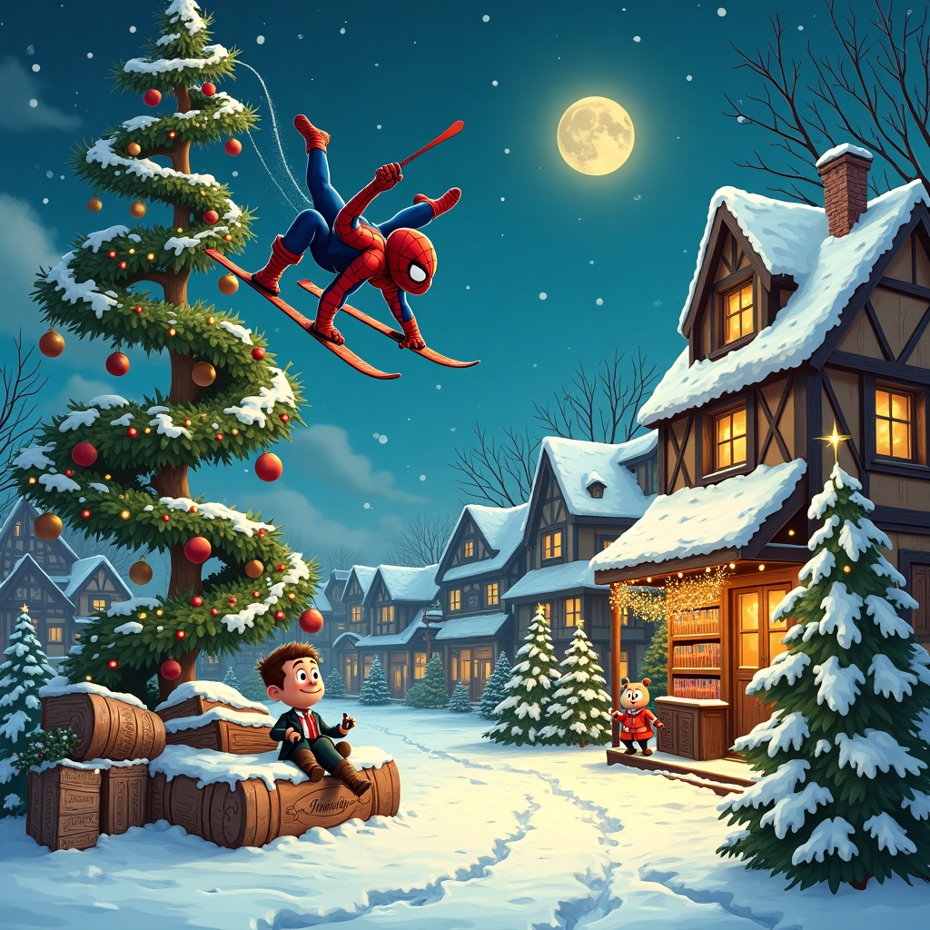 In a whimsical, snow-covered village that seems pulled from a storybook, the surreal Christmas scene unfolds with a delightful array of colorful details. At the center of the bustling village square stands a towering, twisted evergreen tree, its branches dotted with baubles that glow like tiny orbs of sunshine. Spiderman, with his signature red and blue suit adorned with festive snowflake patterns, performs a graceful web-swinging descent from the tree's top, his webbing sparkling with tinsel as he somersaults toward the snow-blanketed ground. Below, a series of intricately carved wooden ski ramps wind through the square like a fantastical, snow-laden labyrinth. Several characters from across the multiverse are gathered: Calvin from "Calvin and Hobbes" is attempting a daring ski jump, his scarf trailing behind like a comet's tail, while Hobbes watches with an amused grin from atop a nearby pile of books that appear to grow like mushrooms from the snow. These books, their covers illustrated with images of classic holiday tales, form an improvised seat where the town's intellectuals gather to chat. Among them, a debonair gentleman clad in a tweed suit, akin to a character from a noir comic, relaxes with a finely rolled cigar that puffs out wisps of peppermint-scented smoke, curling into the shapes of reindeer. The background reveals a cozy, old-world bookstore with a timbered roof adorned with twinkling fairy lights, casting a warm glow on the scene. High above, the starry sky is punctuated by a glowing crescent moon, from which a line of festive, flying books cascade down like a gentle snowfall, each book's pages fluttering open to reveal shimmering Christmas carols written in golden script. The entire scene is filled with lively, animated expressions and playful nods to each character's origins, blending iconic cartoonish elements into a harmonious, visually captivating Christmas tale.
Generated with these themes: Spiderman, Ski, Books, and Cigar.
Made with ❤️ by AI.